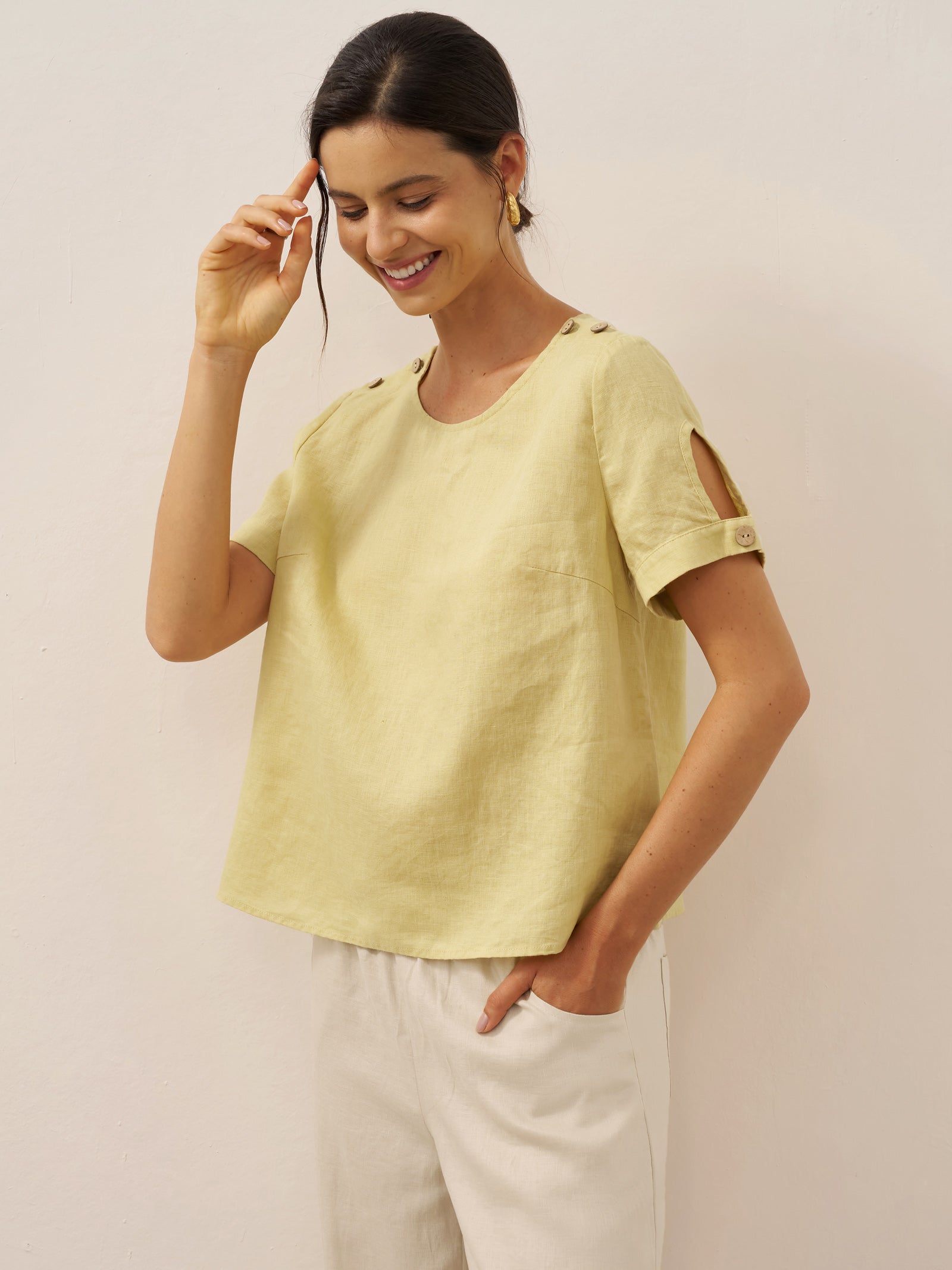 100% Linen Eyelet Short Sleeve Pullover Top ADA
