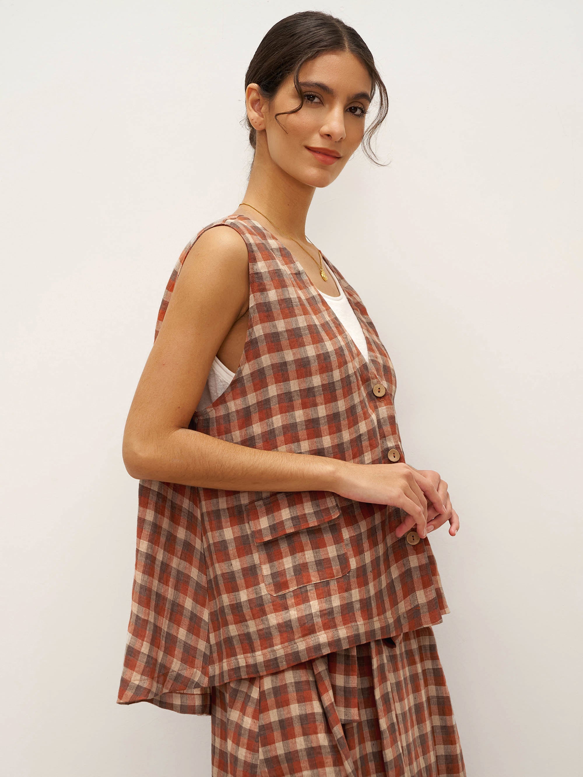 100% Linen V-Neck Checked Oversized Vest