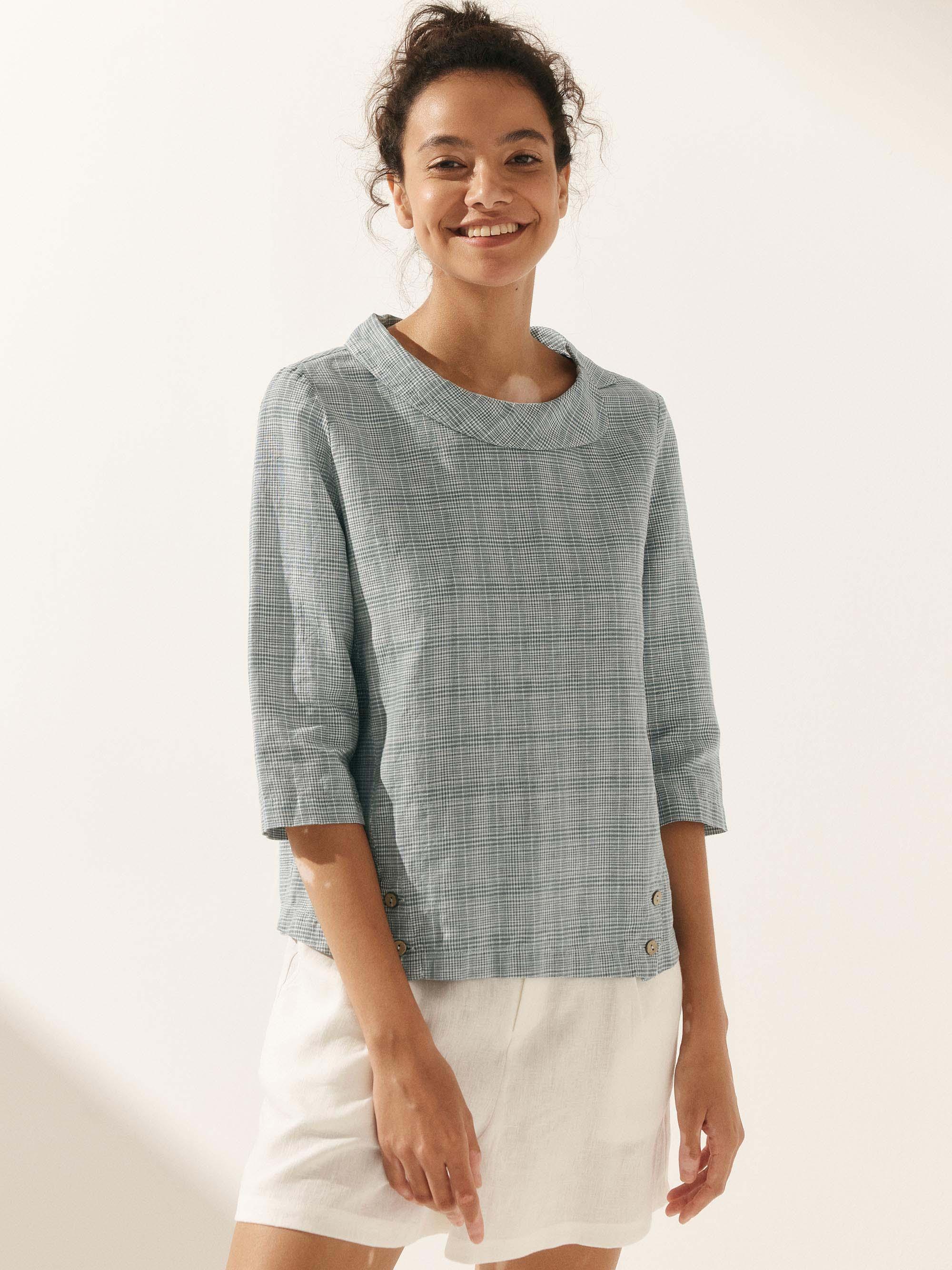 Linen Gingham Checked Round Soft-Fold Collar Top LAURA