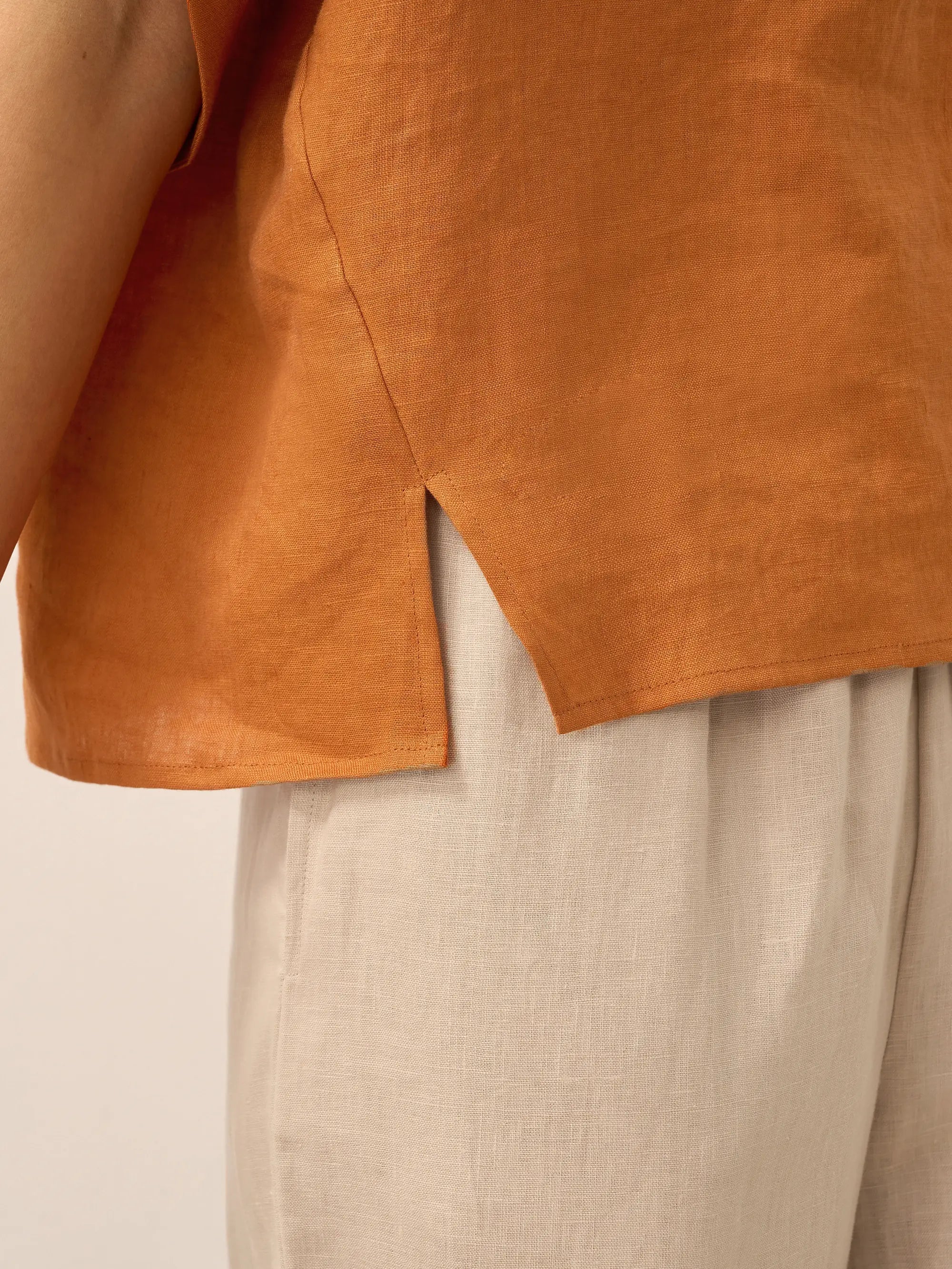 100% Linen Round Neck Petal-Sleeve Pullover LAUREL