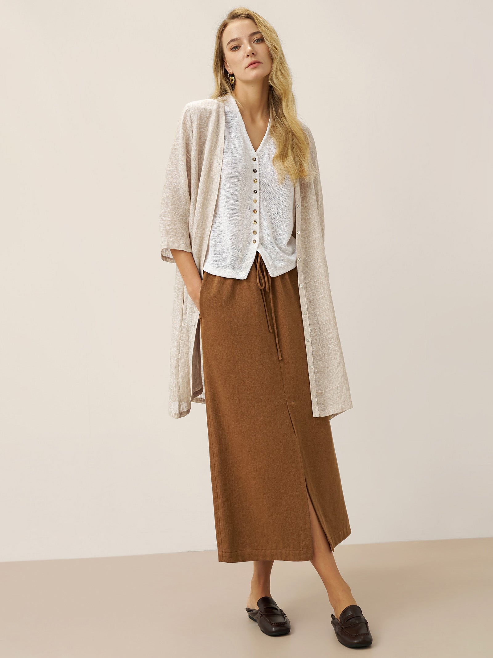 100% Linen Button Front Three-Quarter Sleeve Top