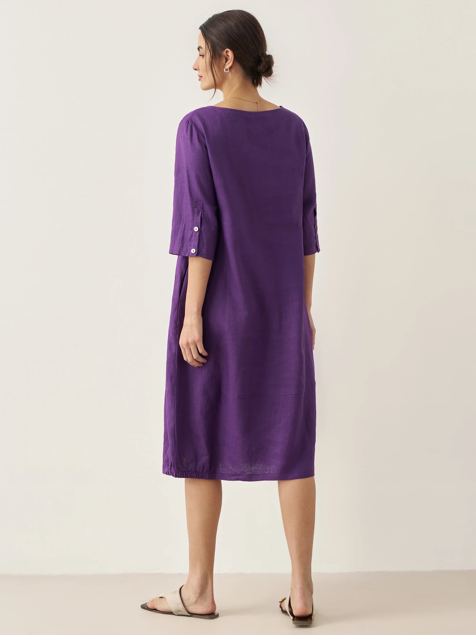 100% Linen Collarless Mid-Length Dress