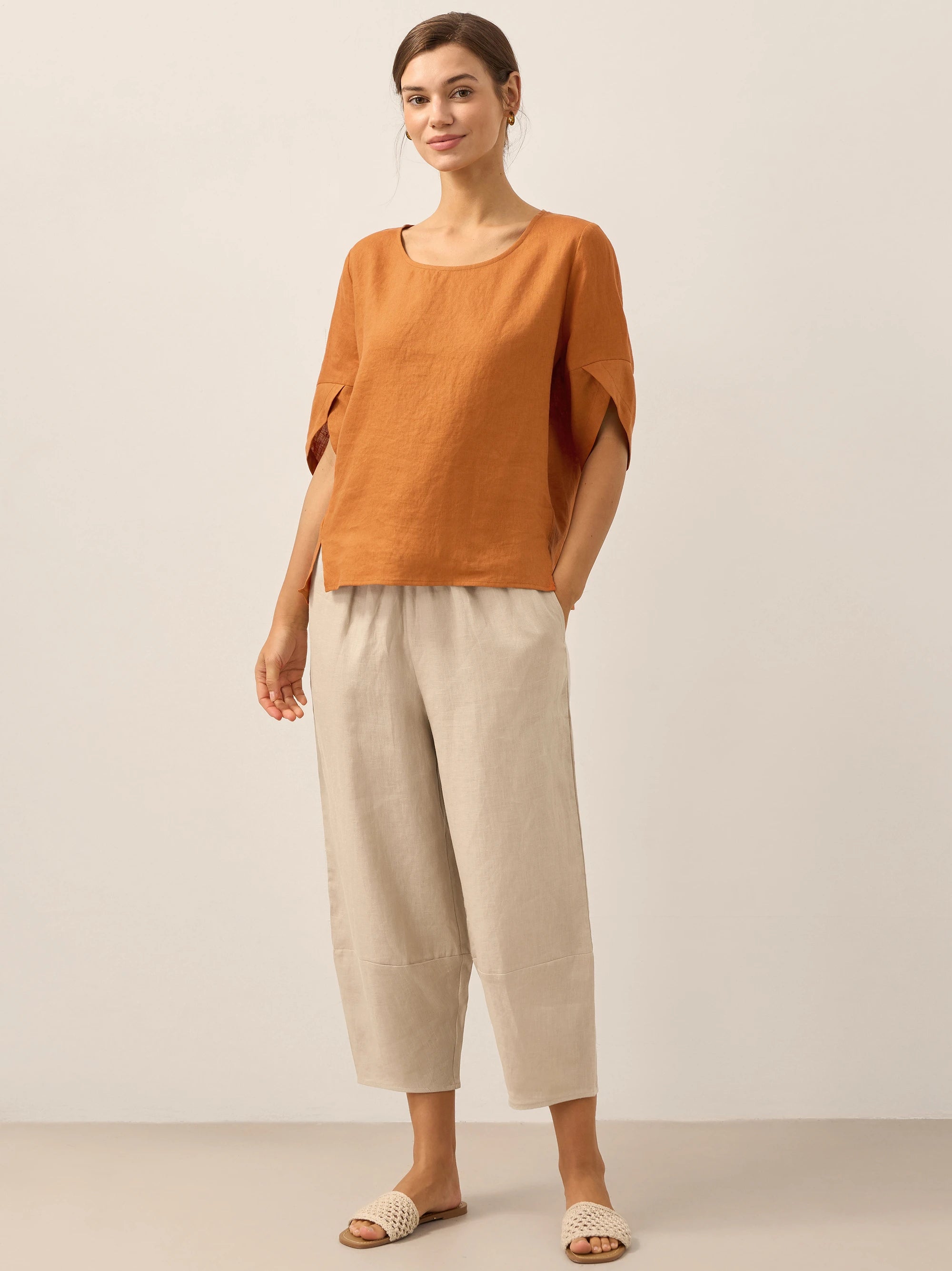 100% Linen Round Neck Petal-Sleeve Pullover LAUREL