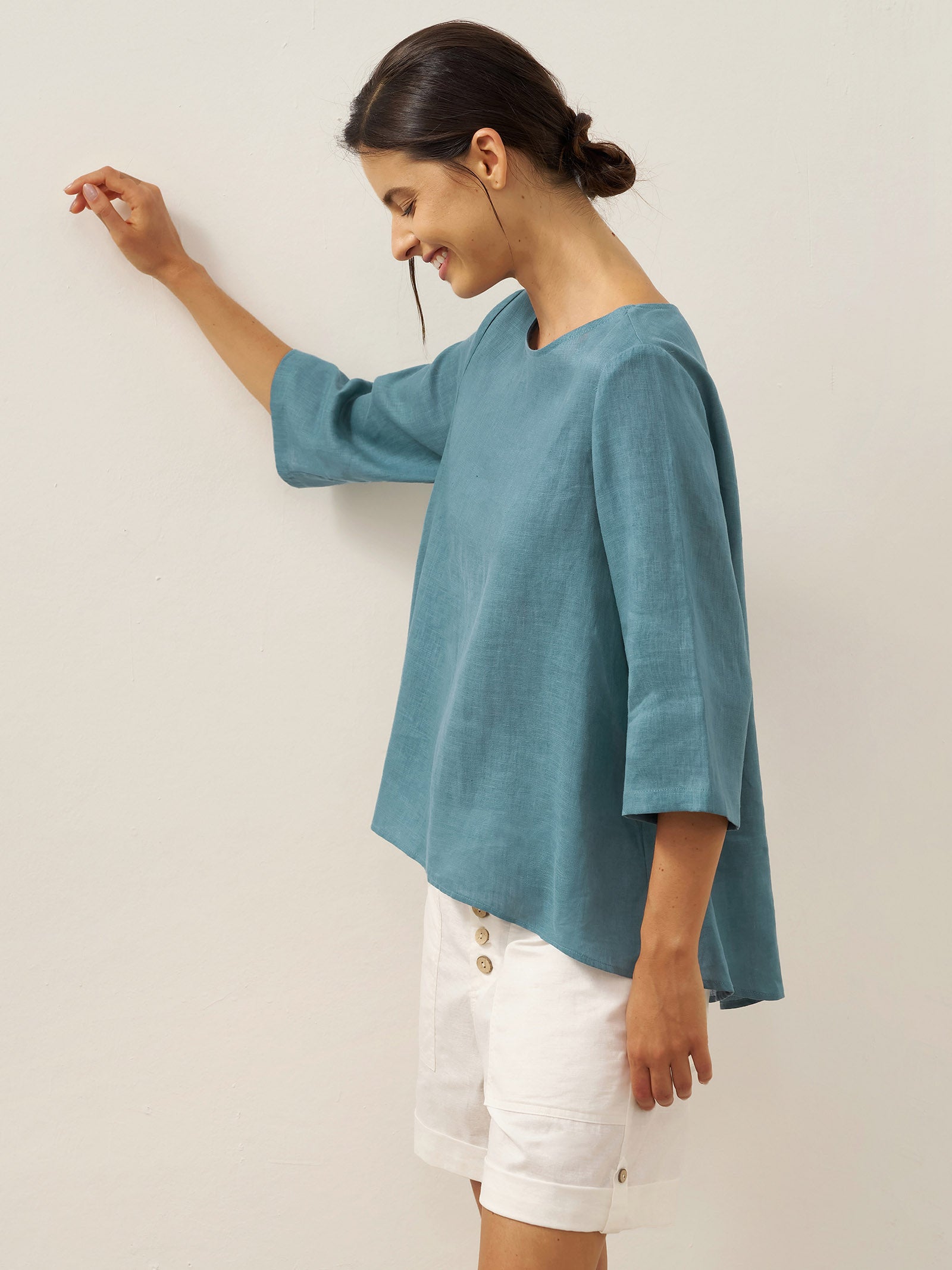 100% Linen Round Neck Asymmetrical Hem Top BRIANNA