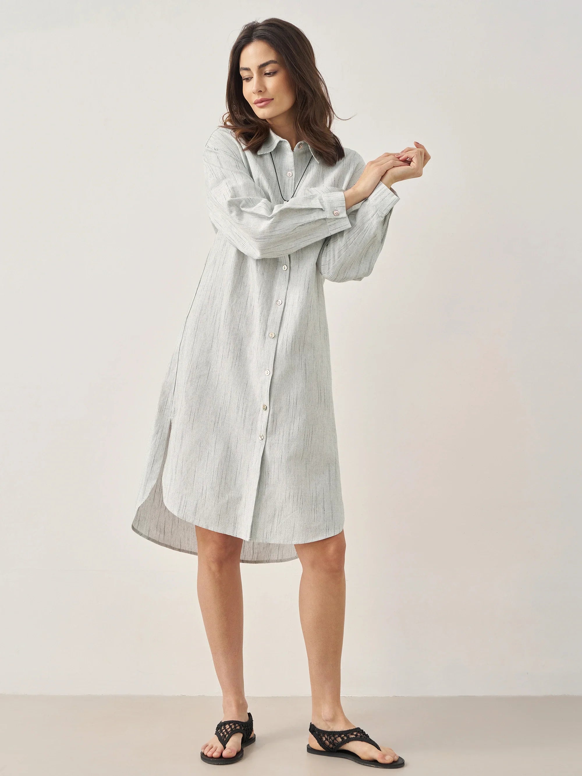 Linen Button-Front Artistic Stripe Shirt Dress JULIA