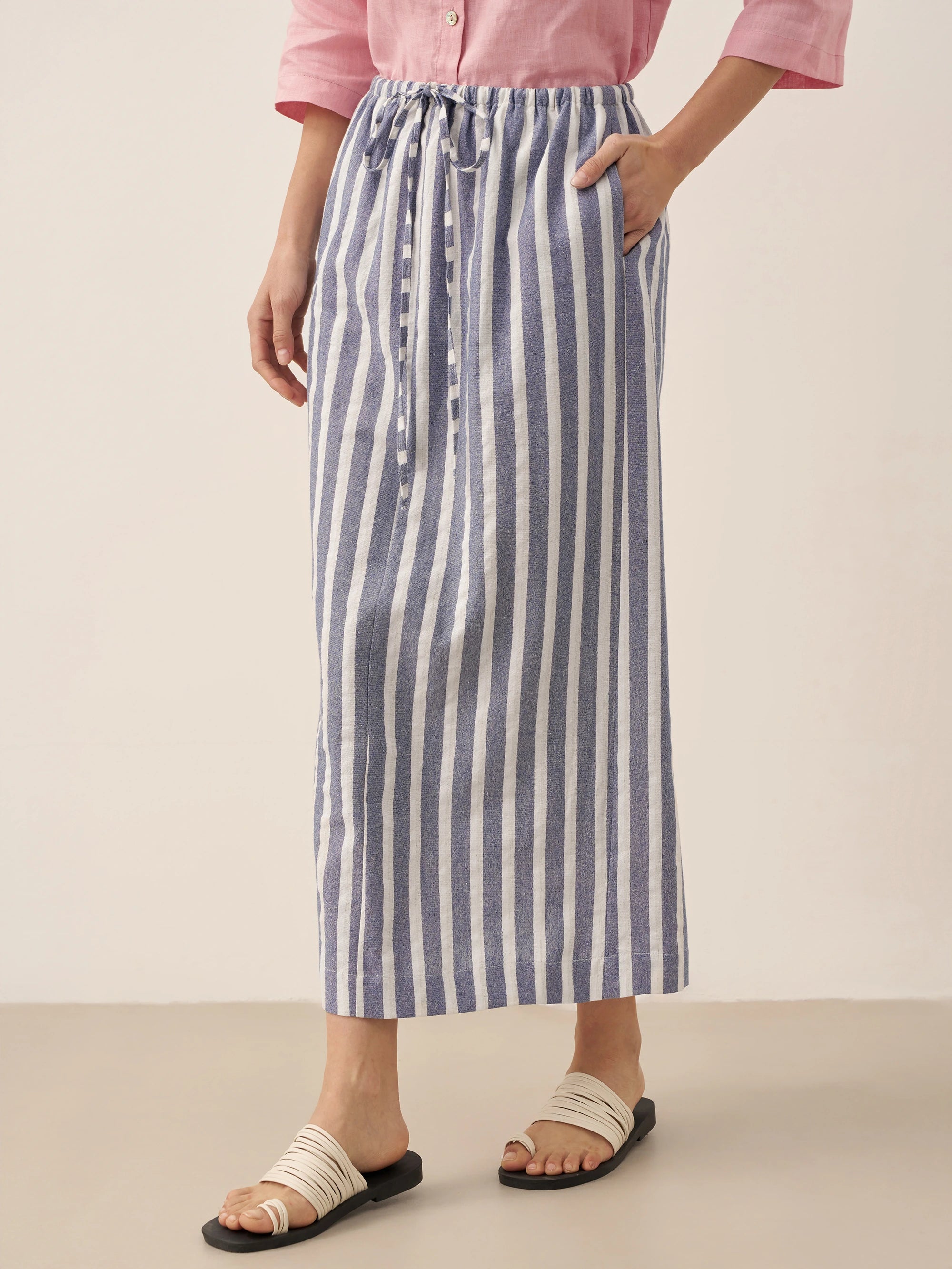 Linen Striped Drawstring Skirt ELISE