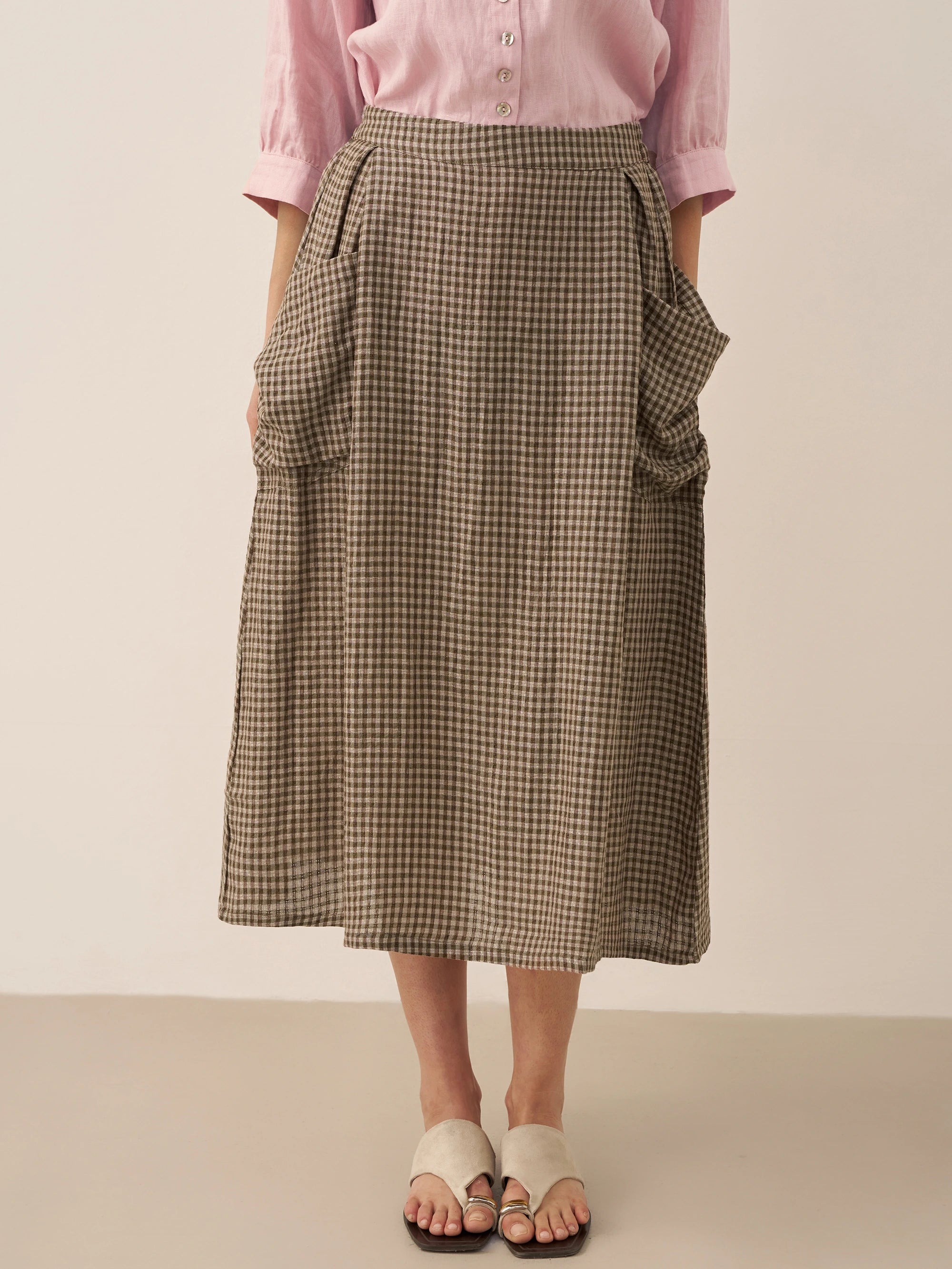 Linen Checked Elastic Waist Skirt ONYX