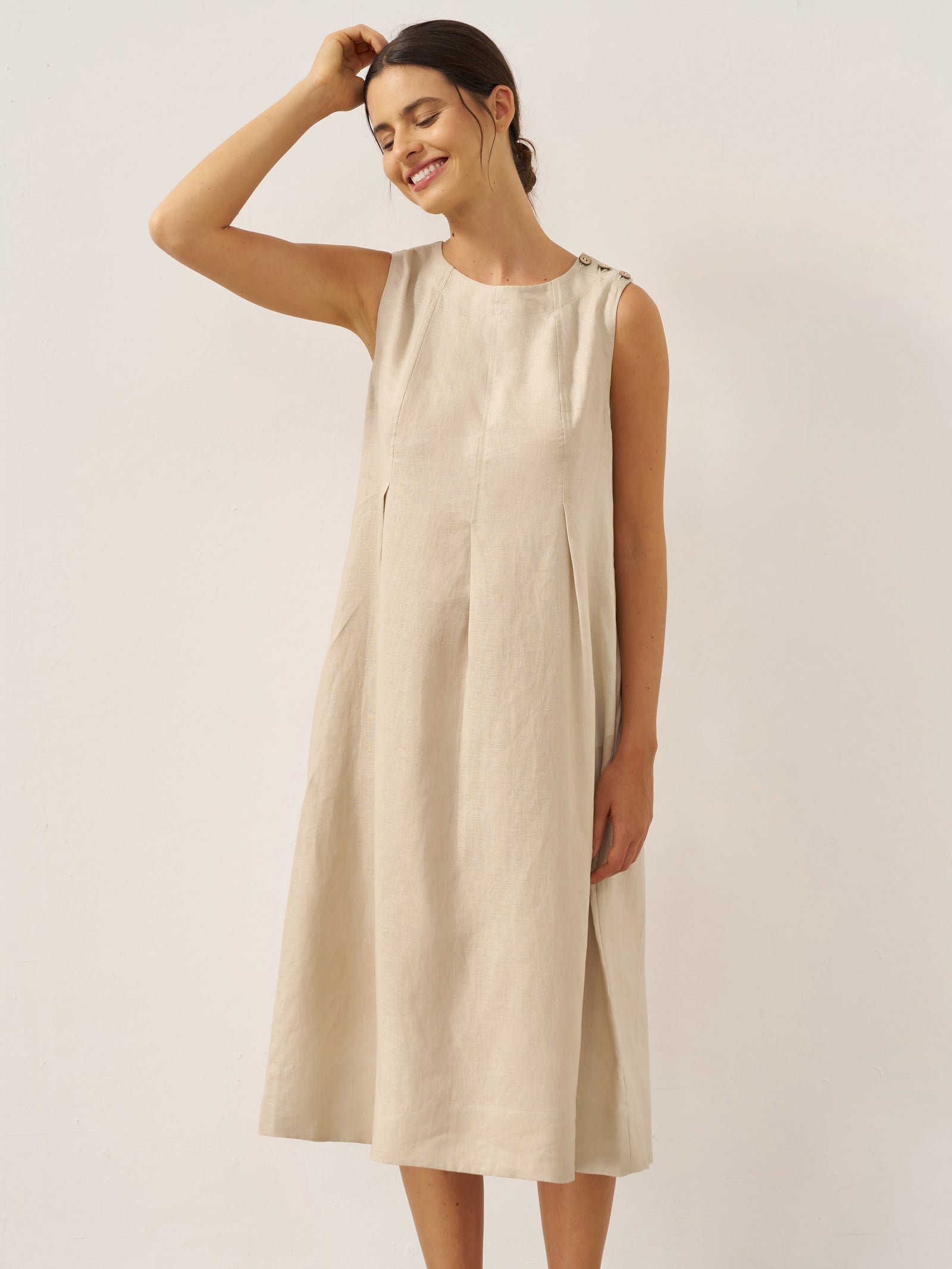 100% Linen Sleeveless Shoulder Button Midi Dress FREYA