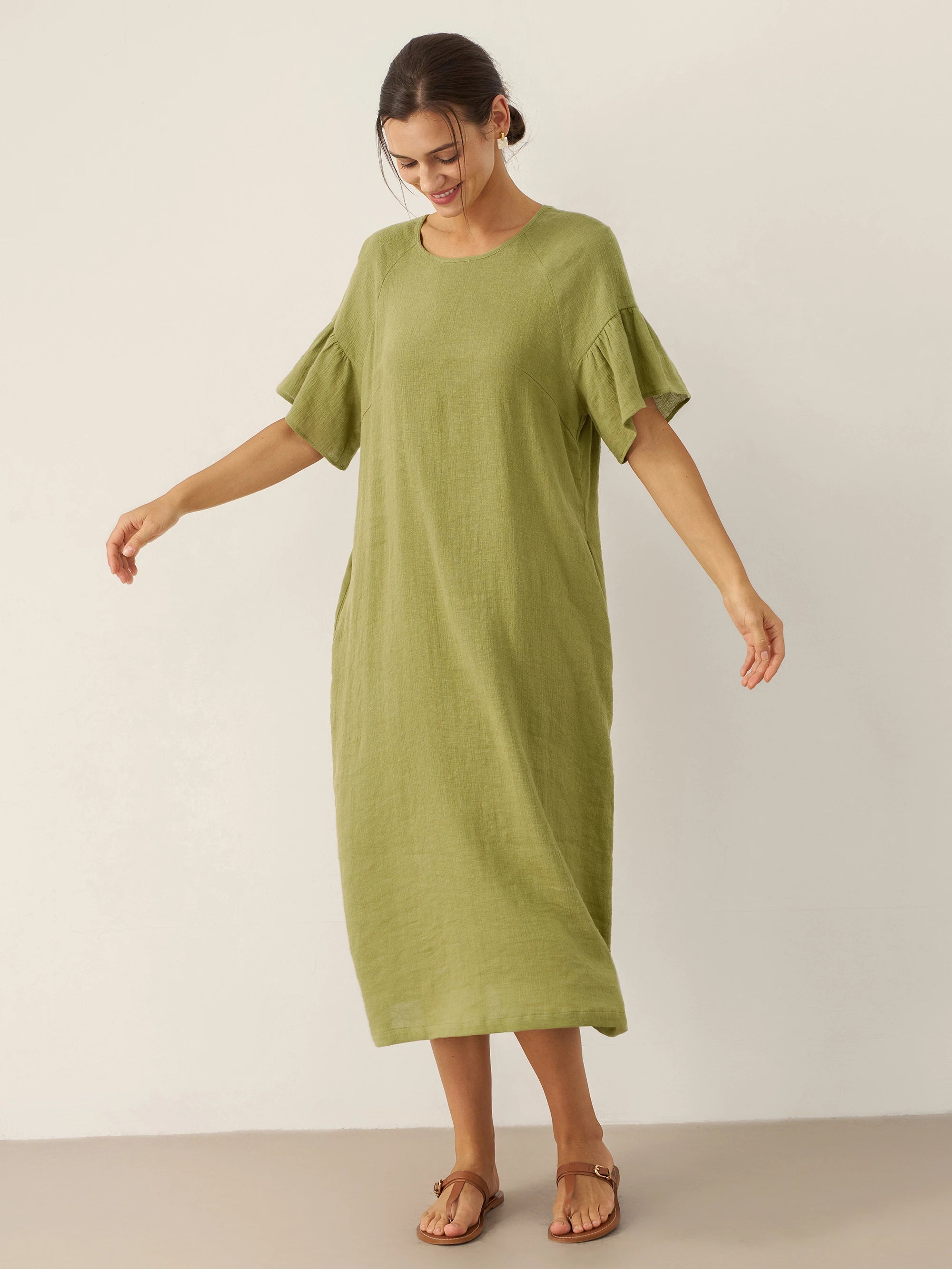 Linen Round Neck Flutter Sleeve Maxi Dress WINNIE