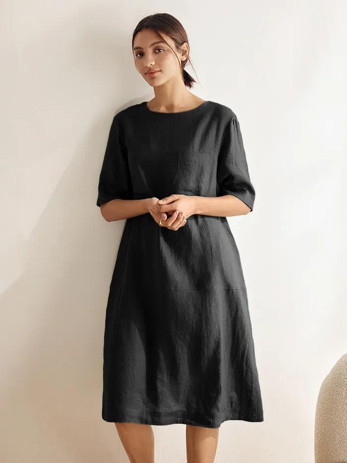 100% Linen Mid-Sleeve Maxi Dress