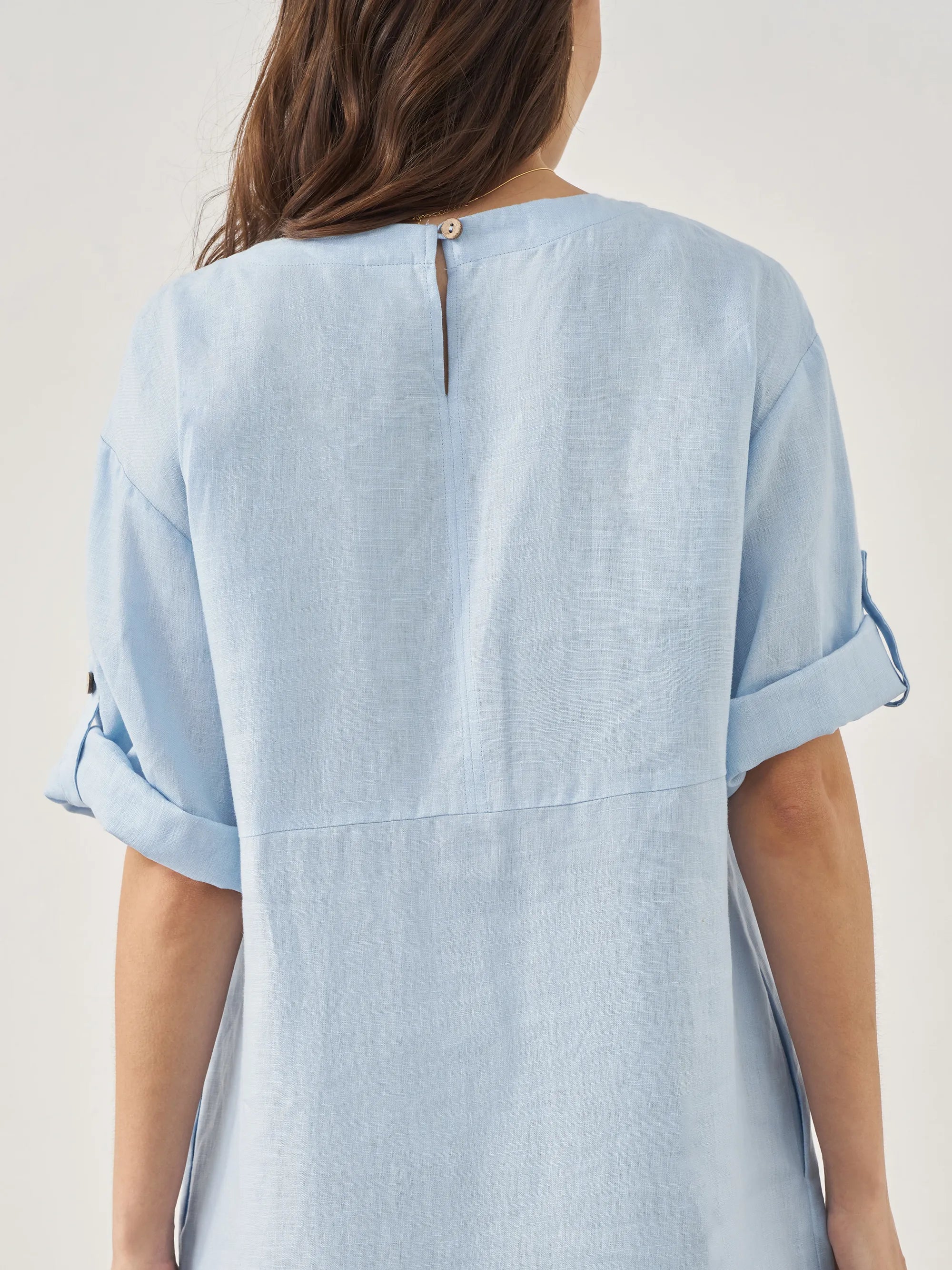 100% Linen Round Neck Button Detail Midi Dress JELENA