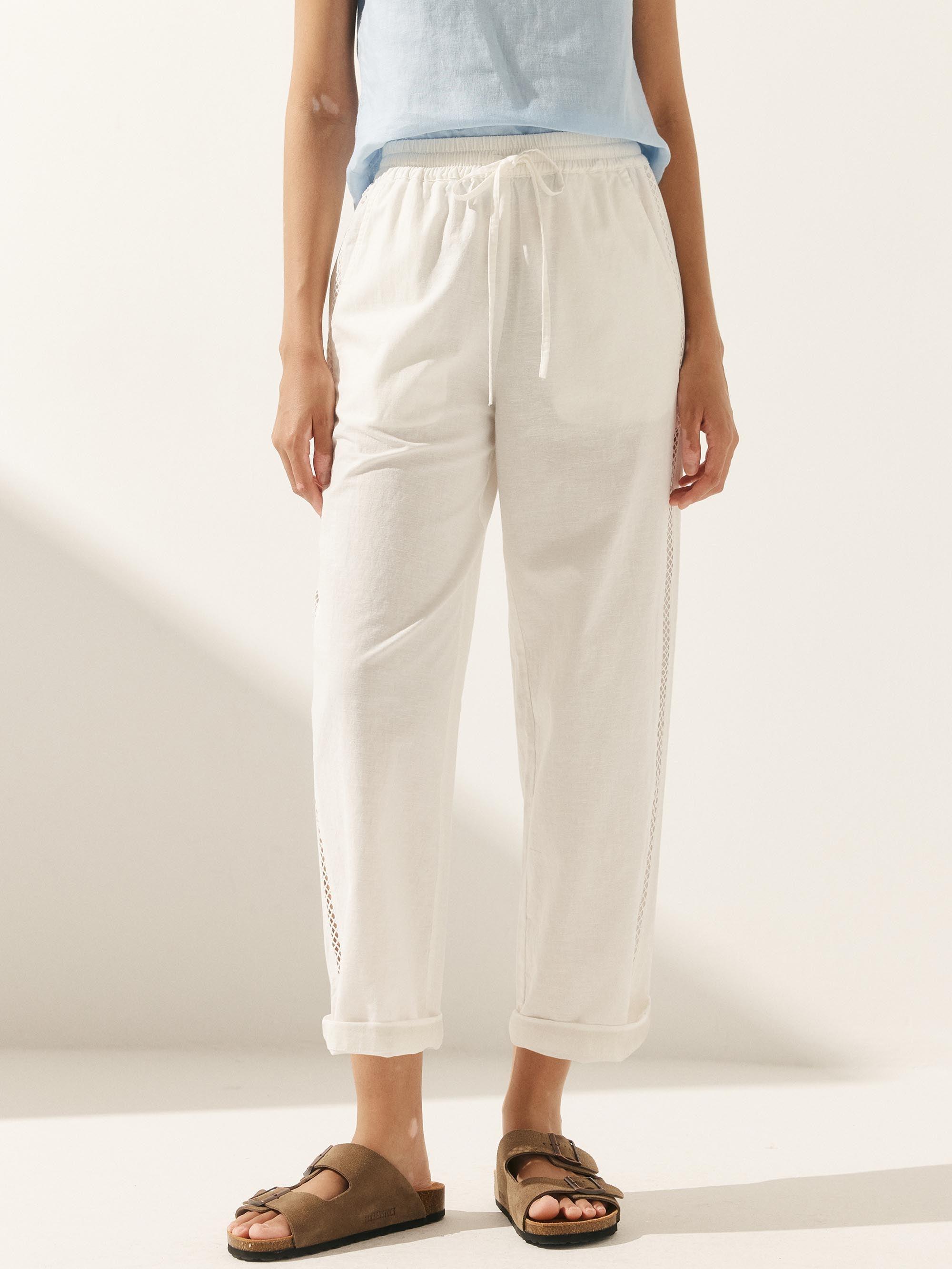 Linen Cropped Hollow Lace Stitching Ankle Length Pants YARA