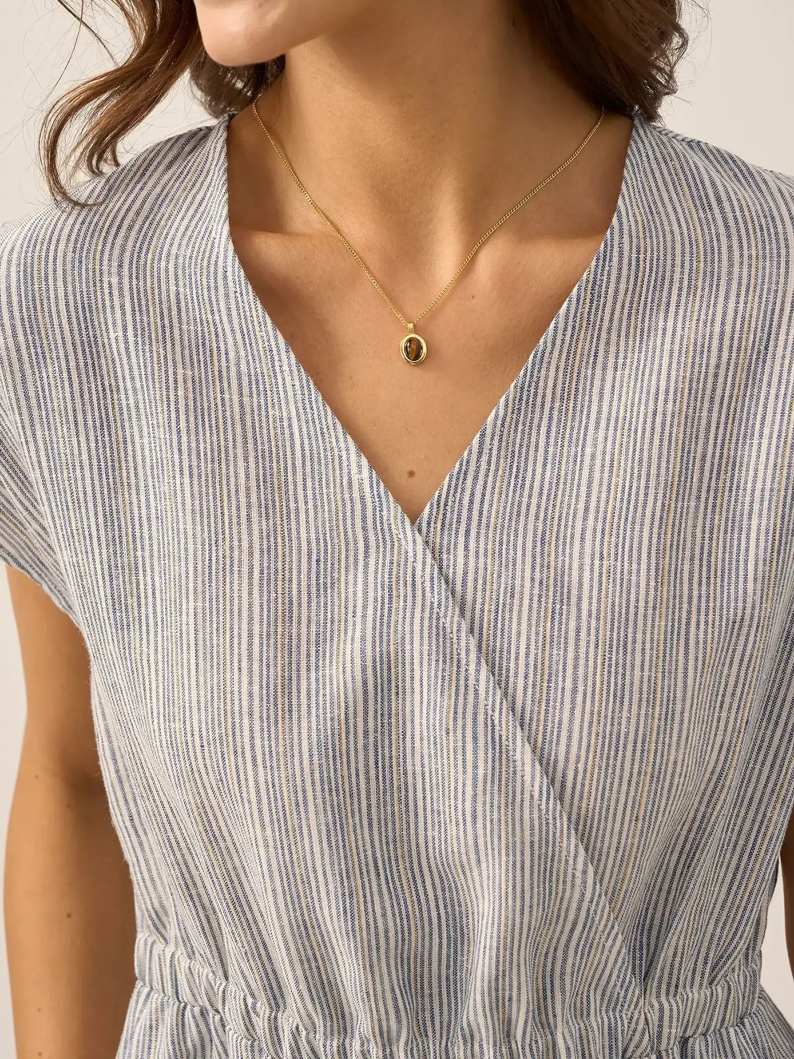 100% Linen Striped Elastic-Waist Midi Dress ARIA