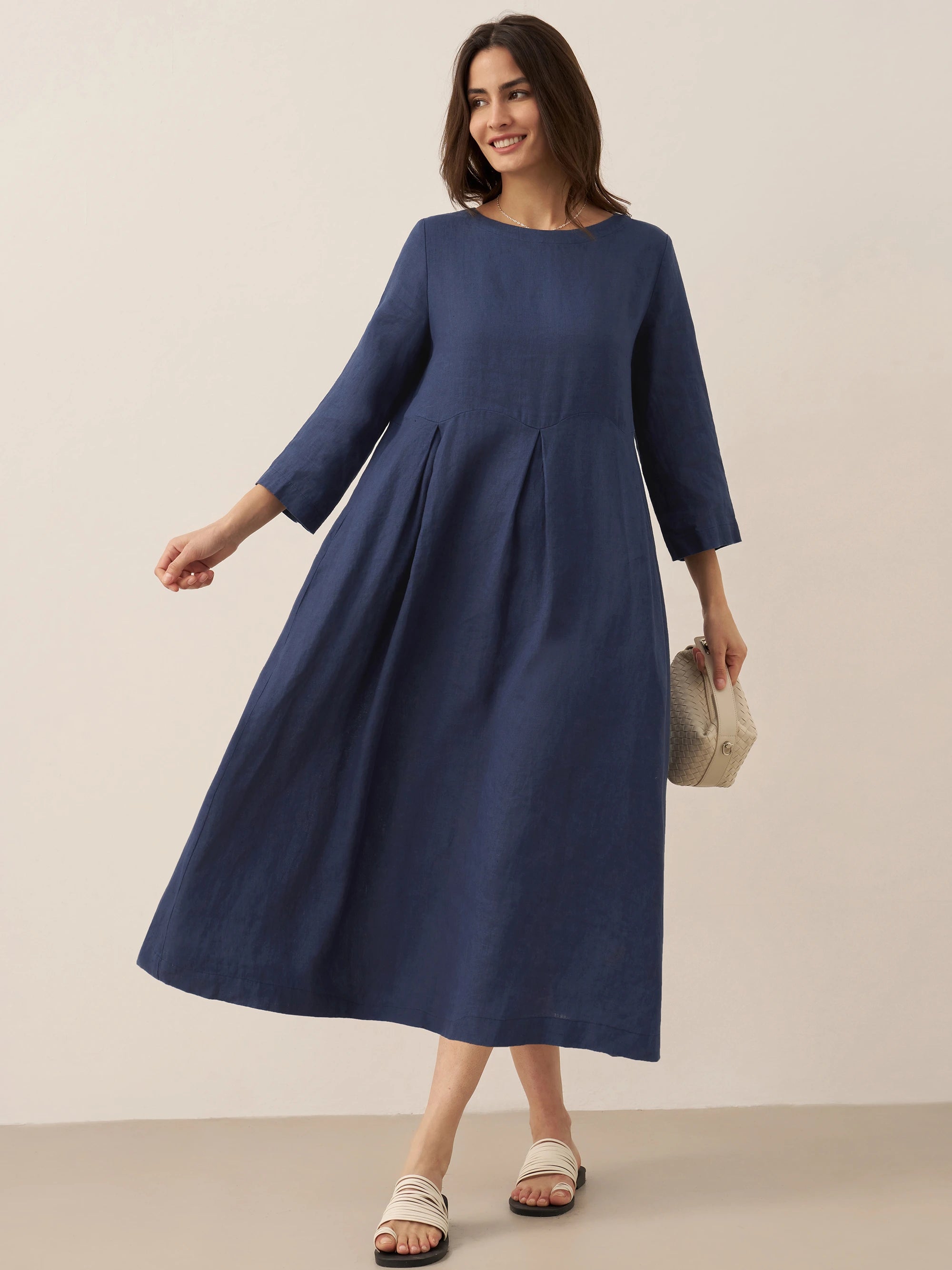 100% Linen Bateau Neck Pleated Maxi Dress