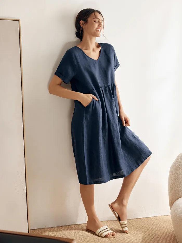 100% Linen V-Neck Waist Ruched Pocket Dress CHARLOTTE