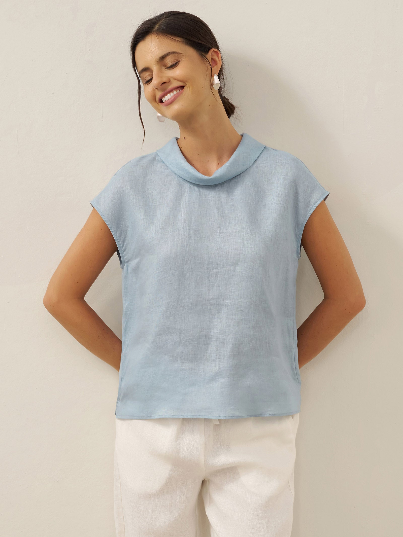 100% Linen Cap Sleeve Soft-Fold Collar Top YVONNE
