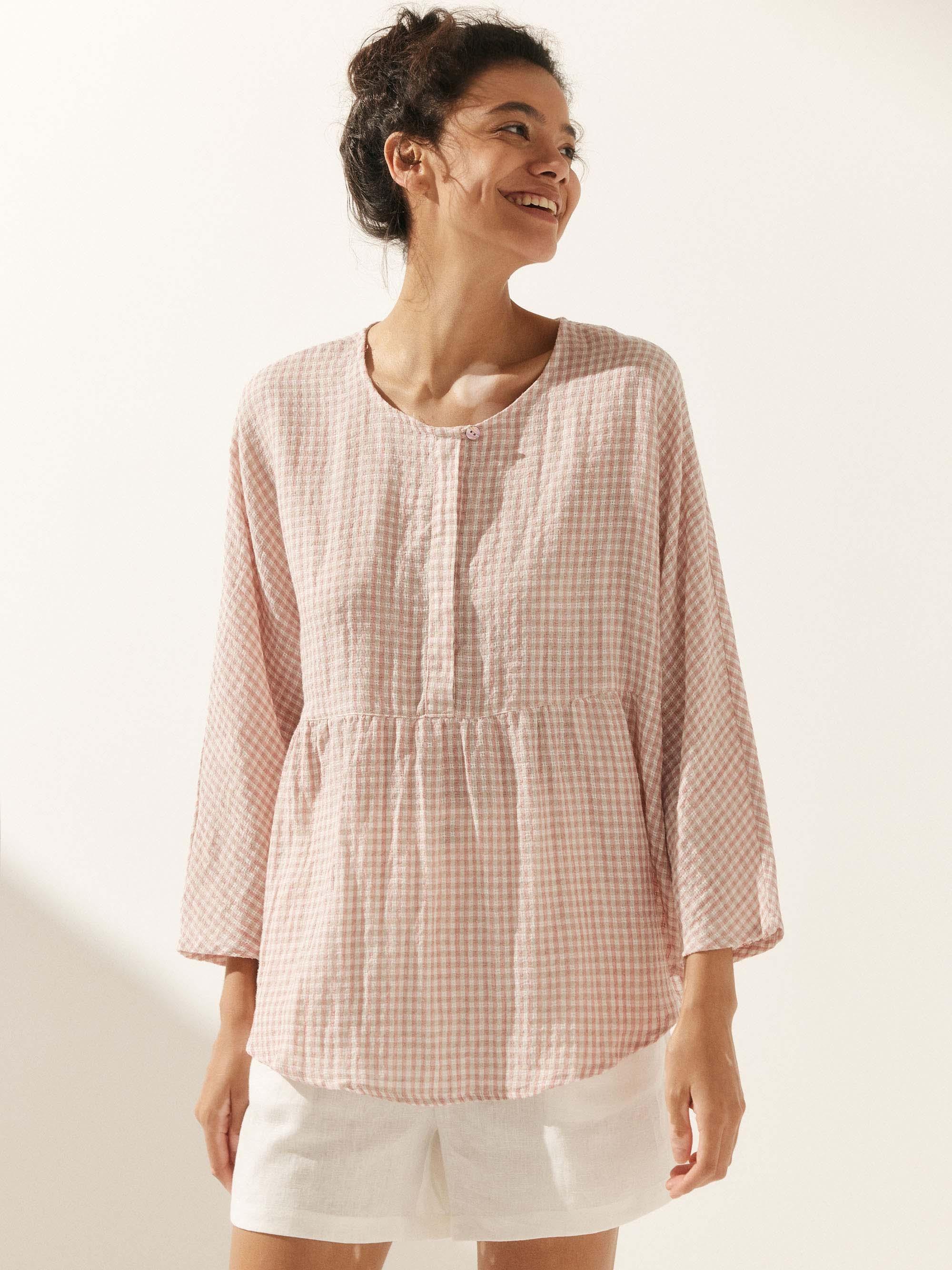Linen Checked Long-Sleeved Top CAROLINE