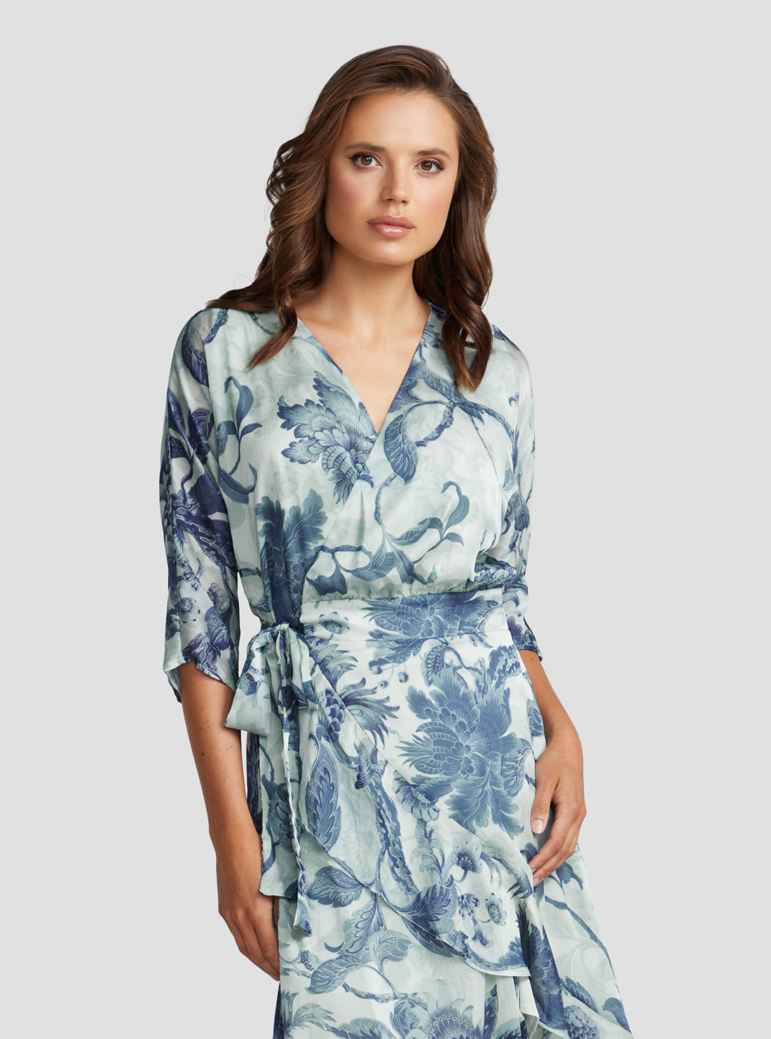 Eco Porcelain Floral Print Ensley Wrap Midi Dress