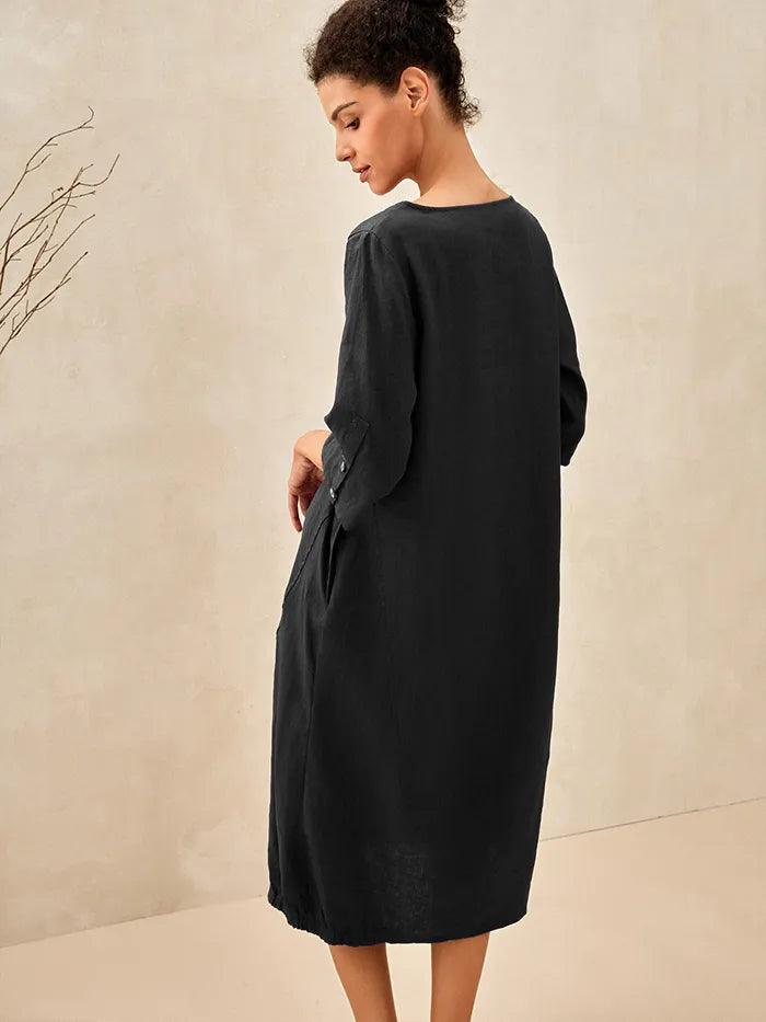 100% Linen Collarless Mid-Length Dress