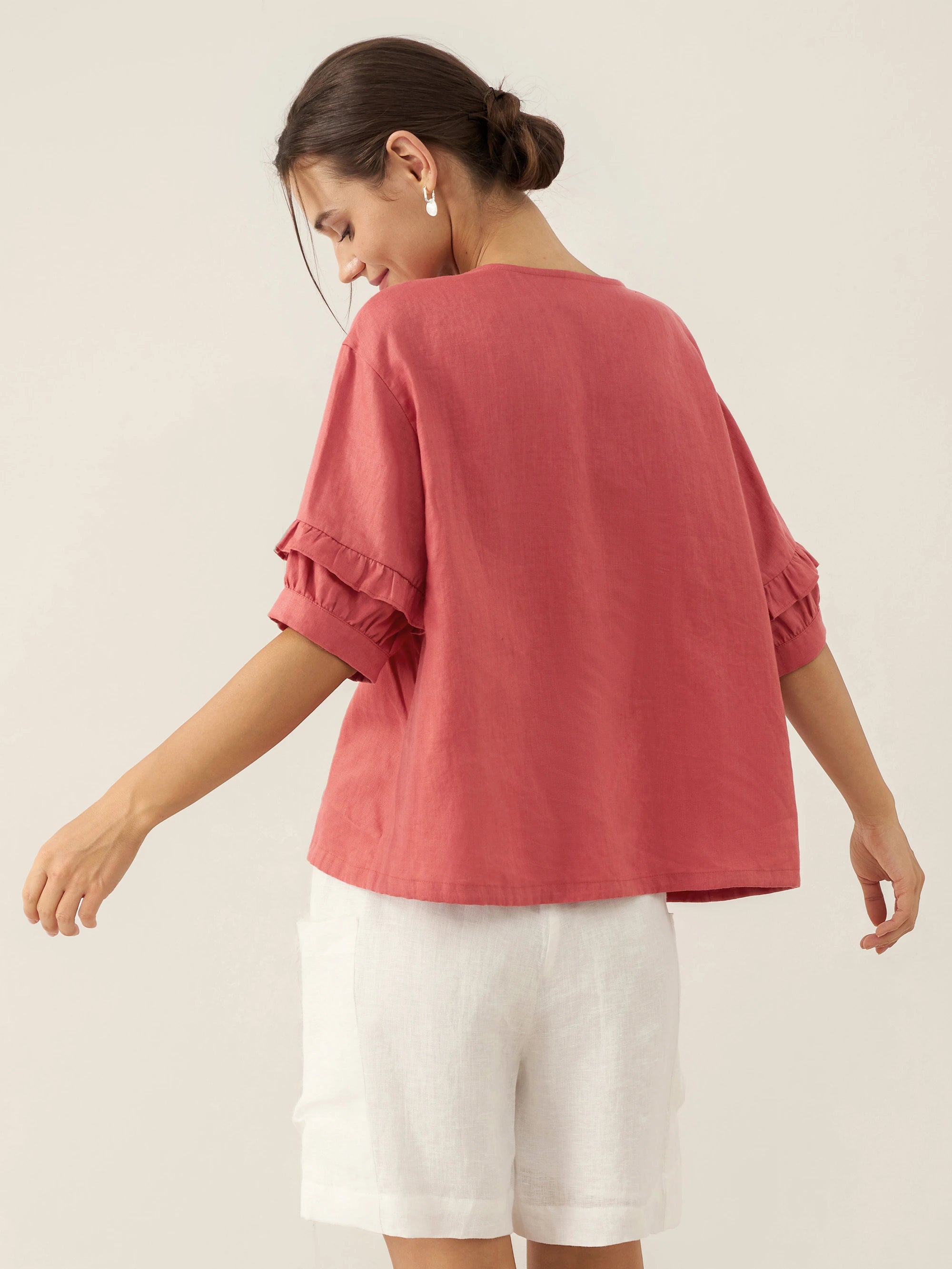 100% Linen Flutter Sleeve Drawstring Top