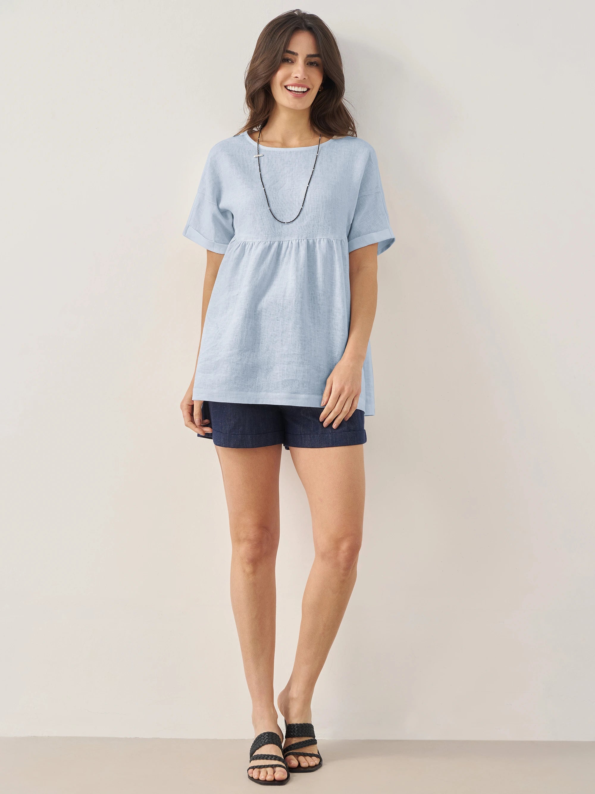 100% Linen Round Neck Pleated Pullover Top QUINLAN