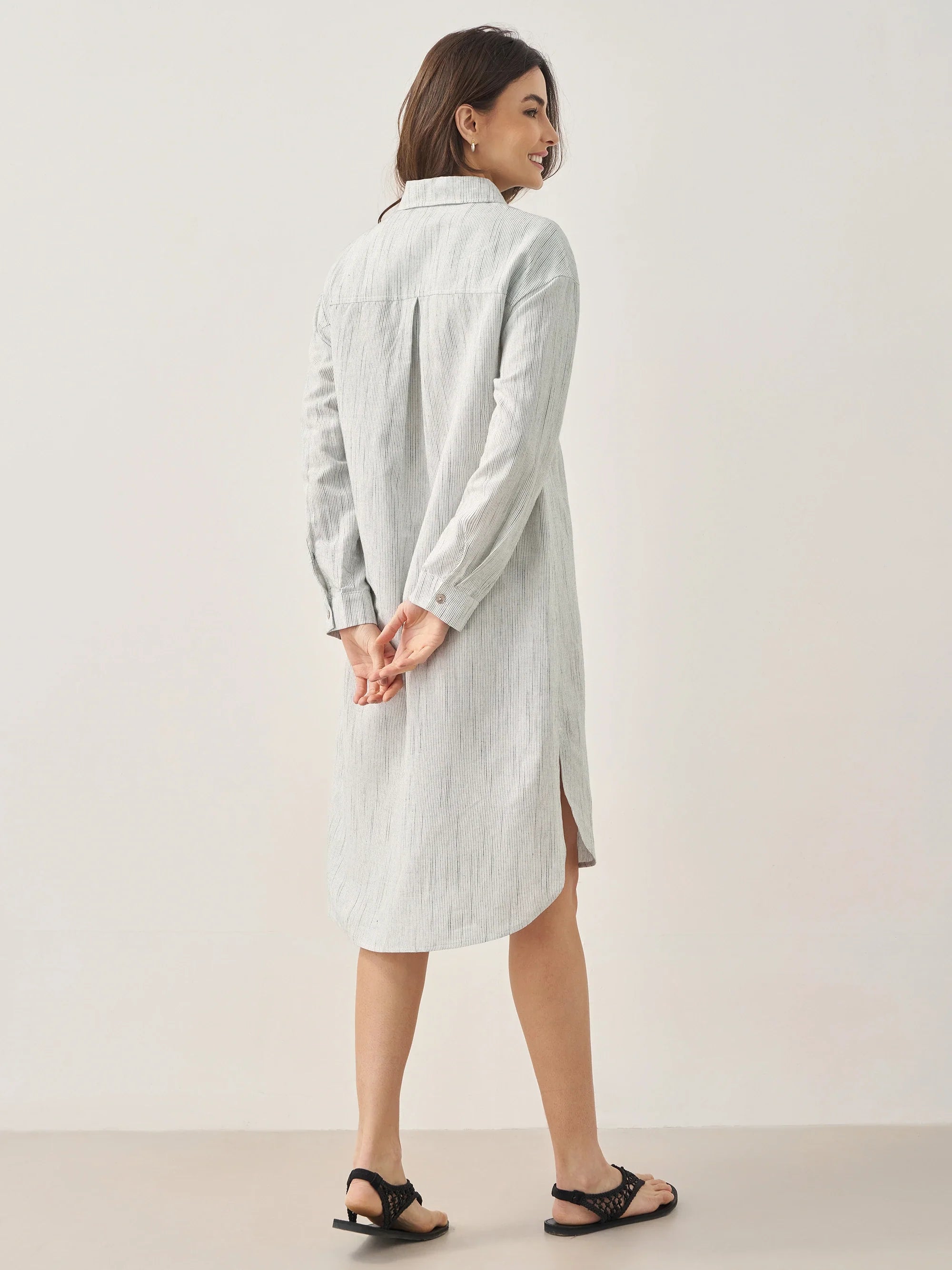 Linen Button-Front Artistic Stripe Shirt Dress JULIA