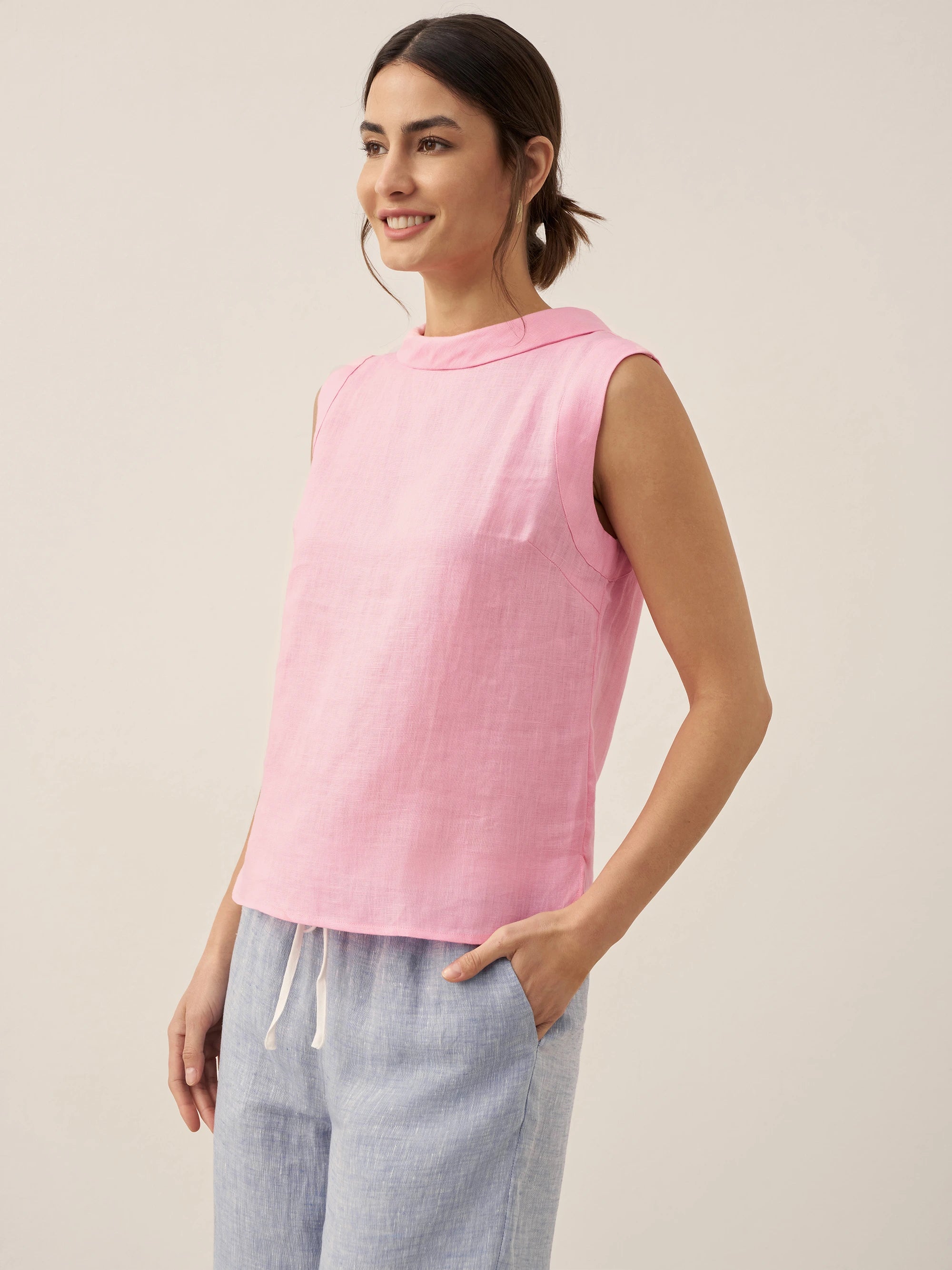 100% Linen Draped Collar Tank Top