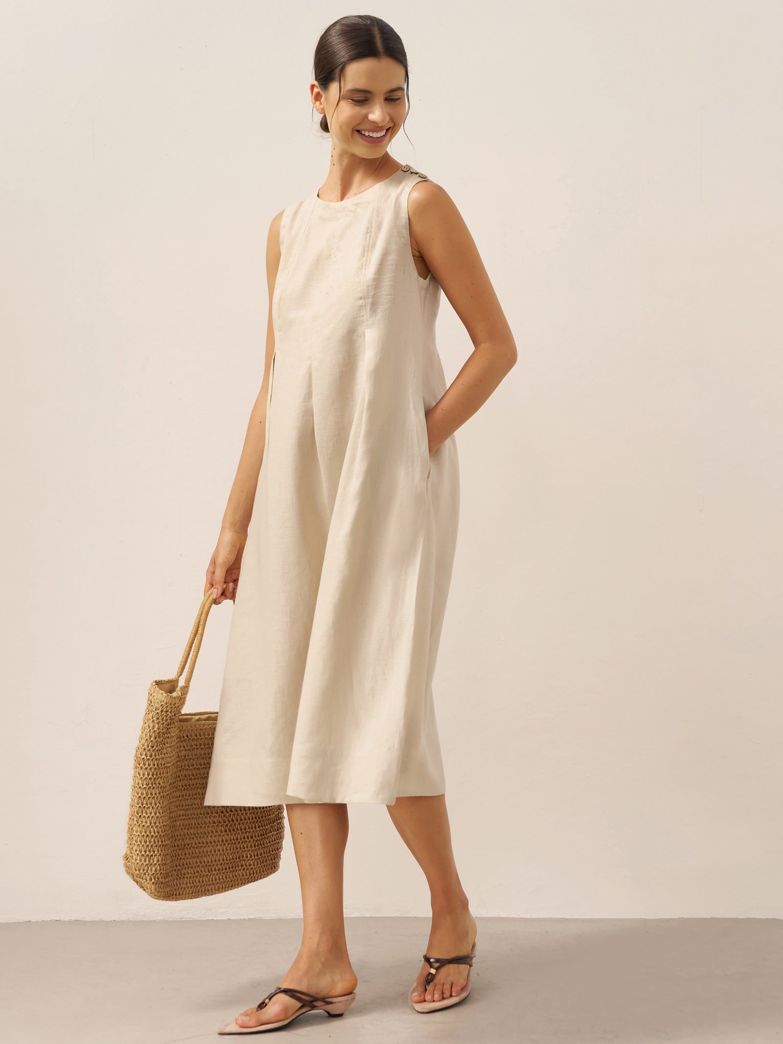 100% Linen Sleeveless Shoulder Button Midi Dress FREYA