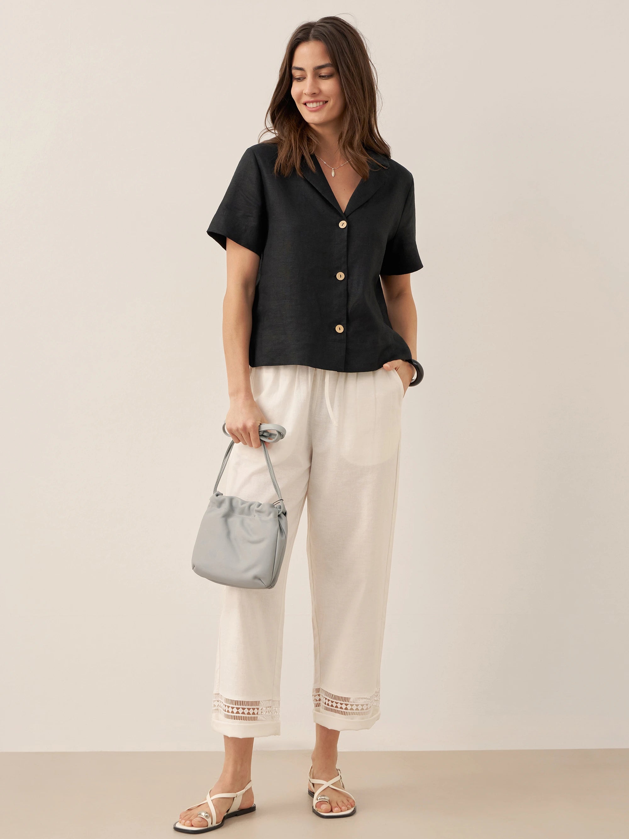 100% Linen Button-Up Short Sleeve Shirt ORENDA