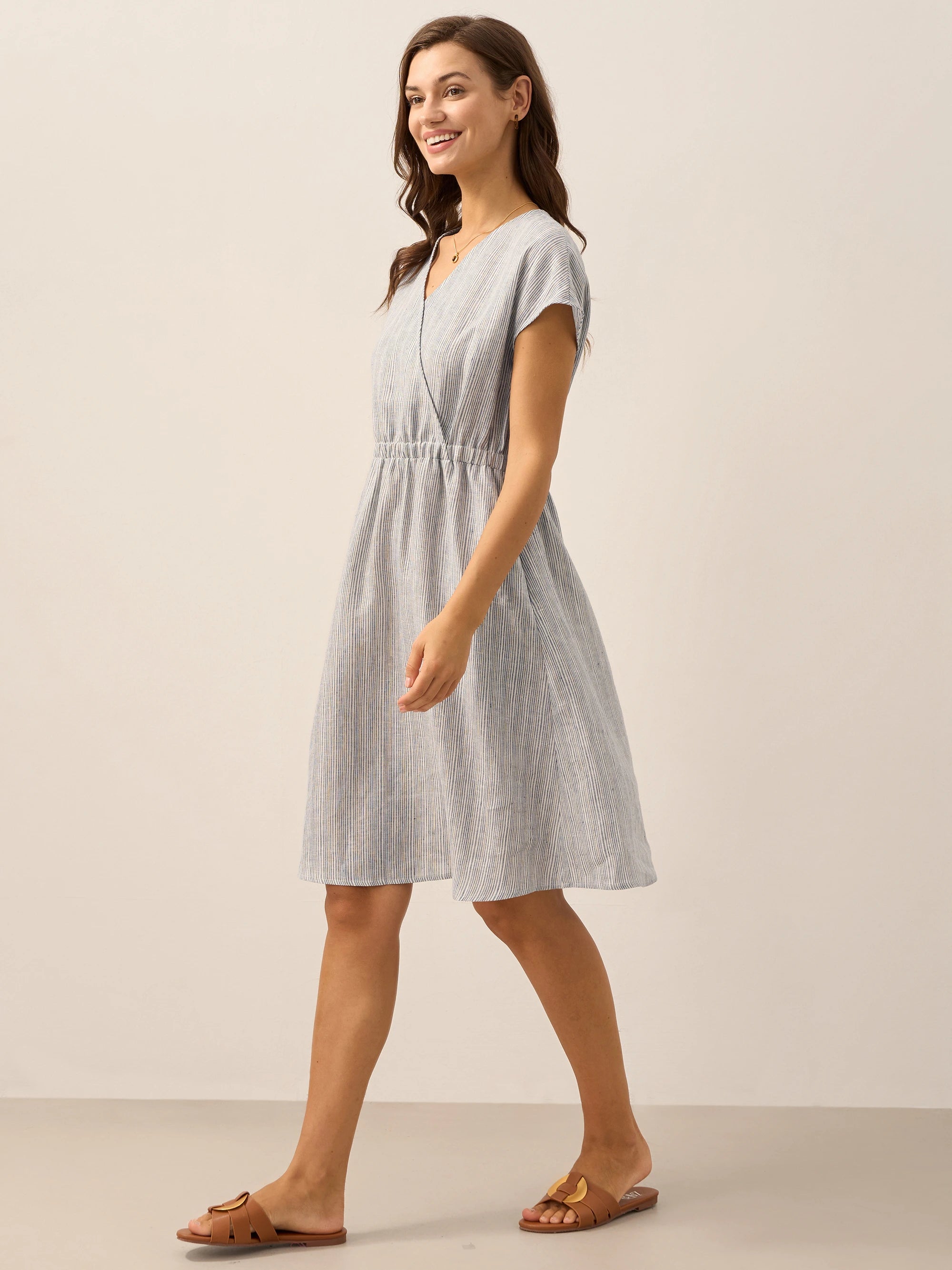 100% Linen Striped Elastic-Waist Midi Dress ARIA