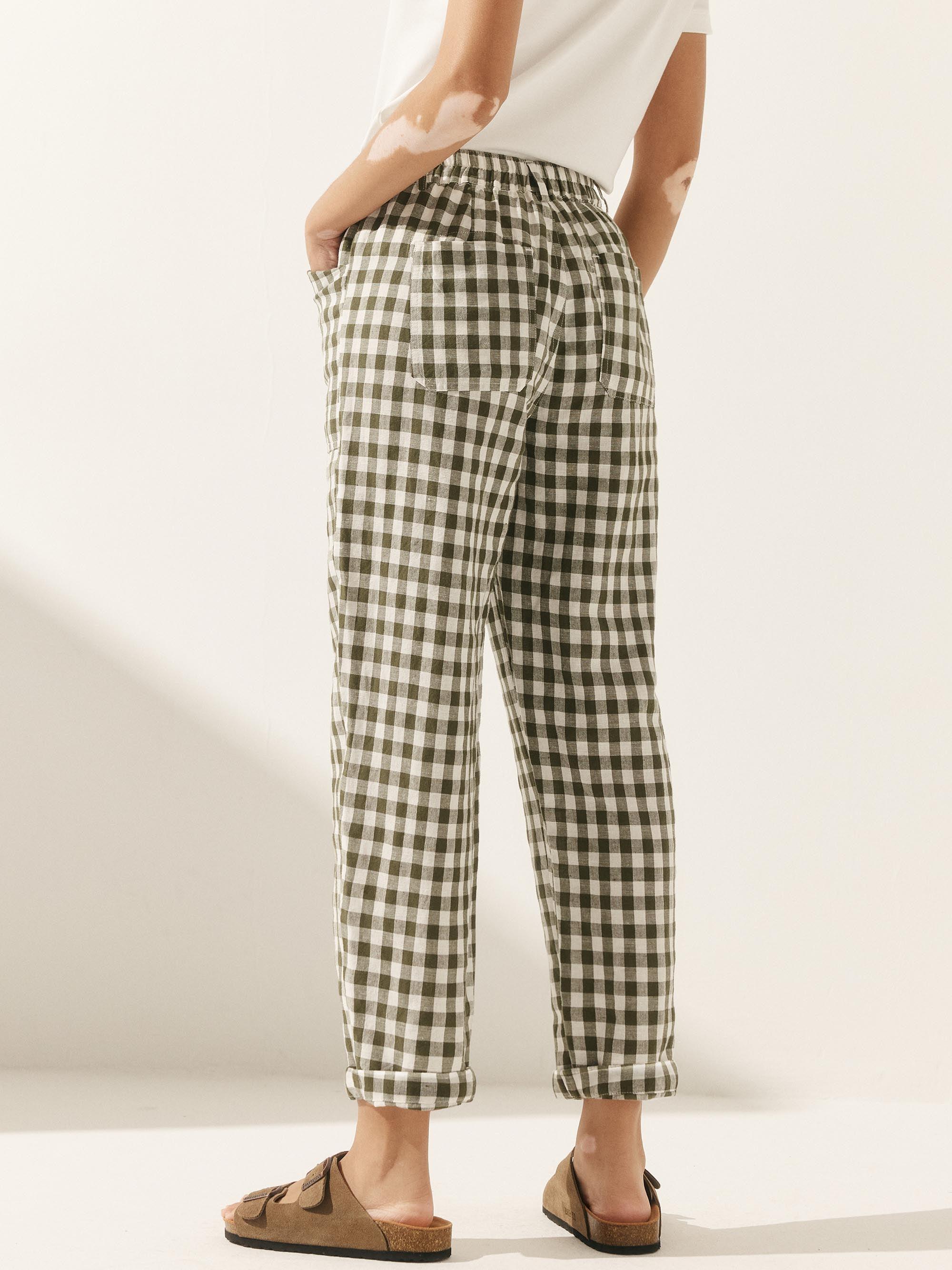 Linen Simple Checked Button Fly Trousers