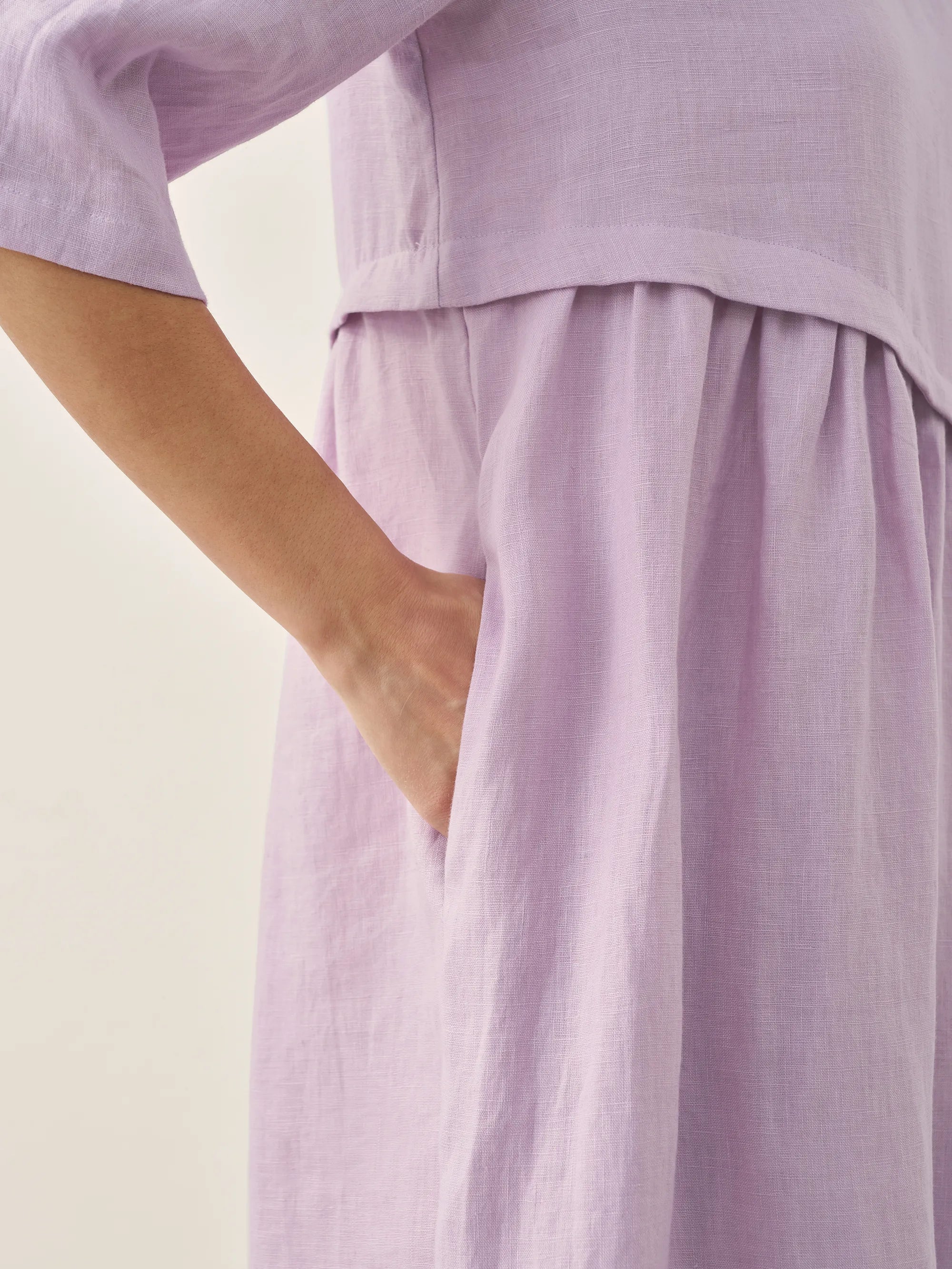 100% Linen Asymmetrical Pleated Round Neck Midi Dress YOLANDA