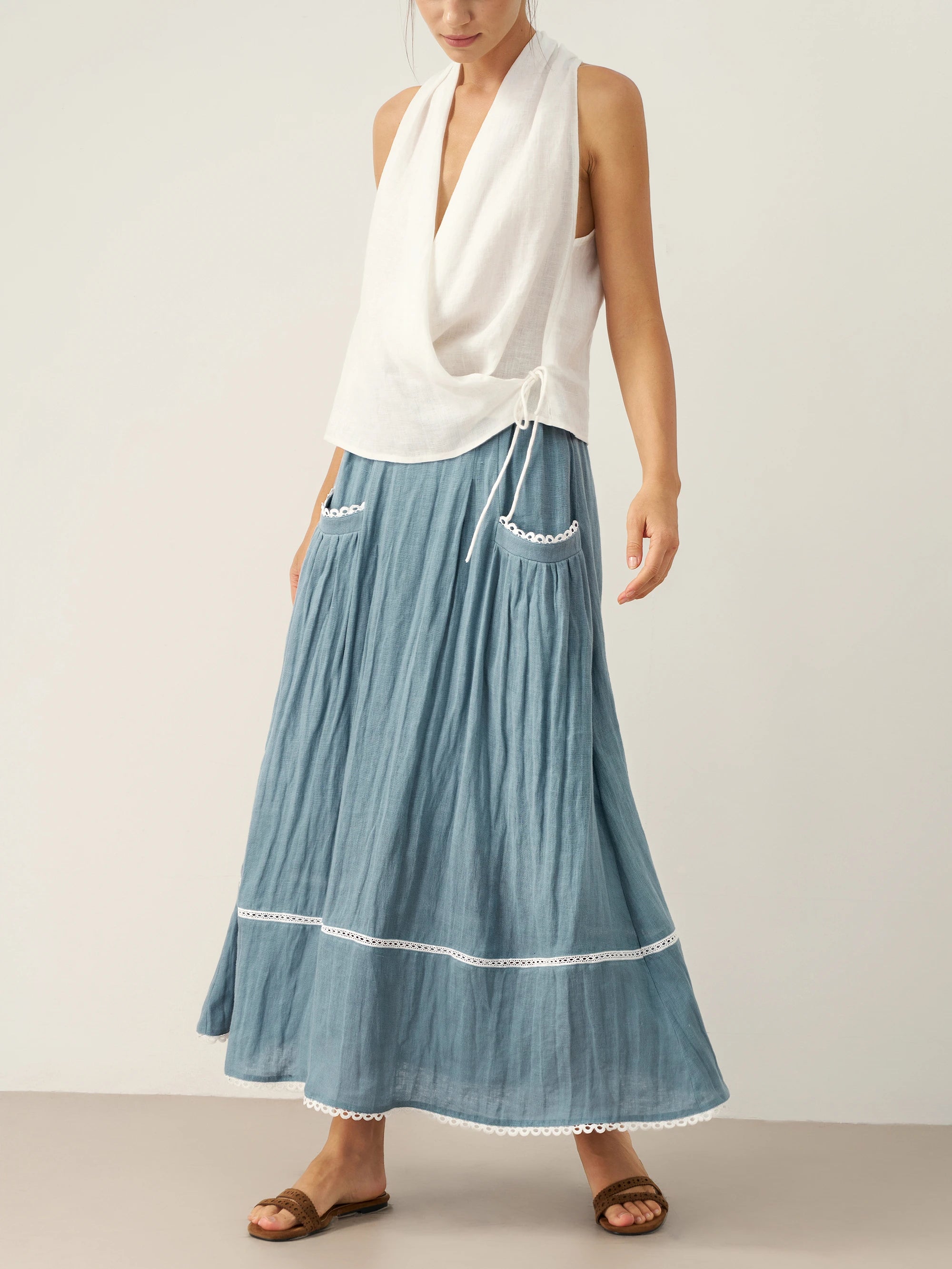 100% Linen Lace-Up Pocket Skirt FENLA