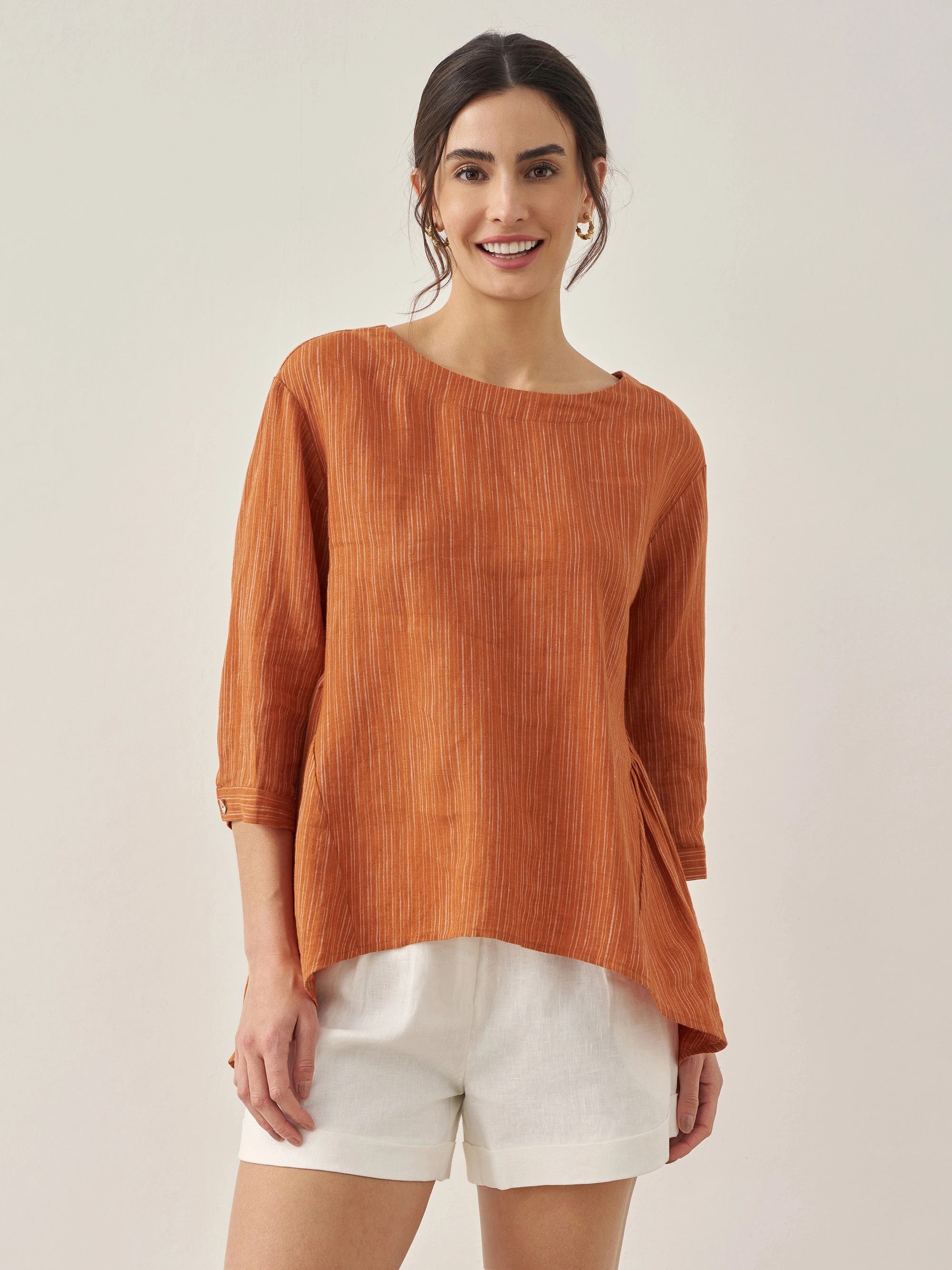 100% Linen Round Neck Artistic Stripe Top FLORENCE