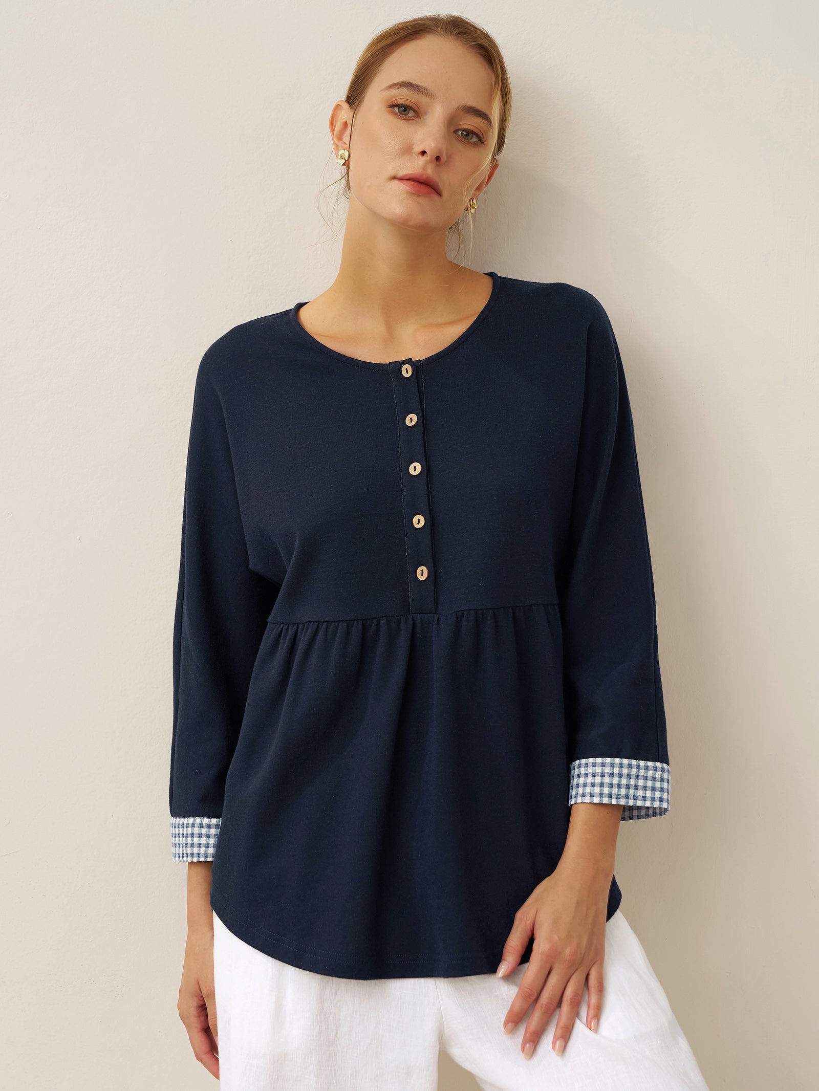 Cotton Patchwork Cuff Button Decor Top