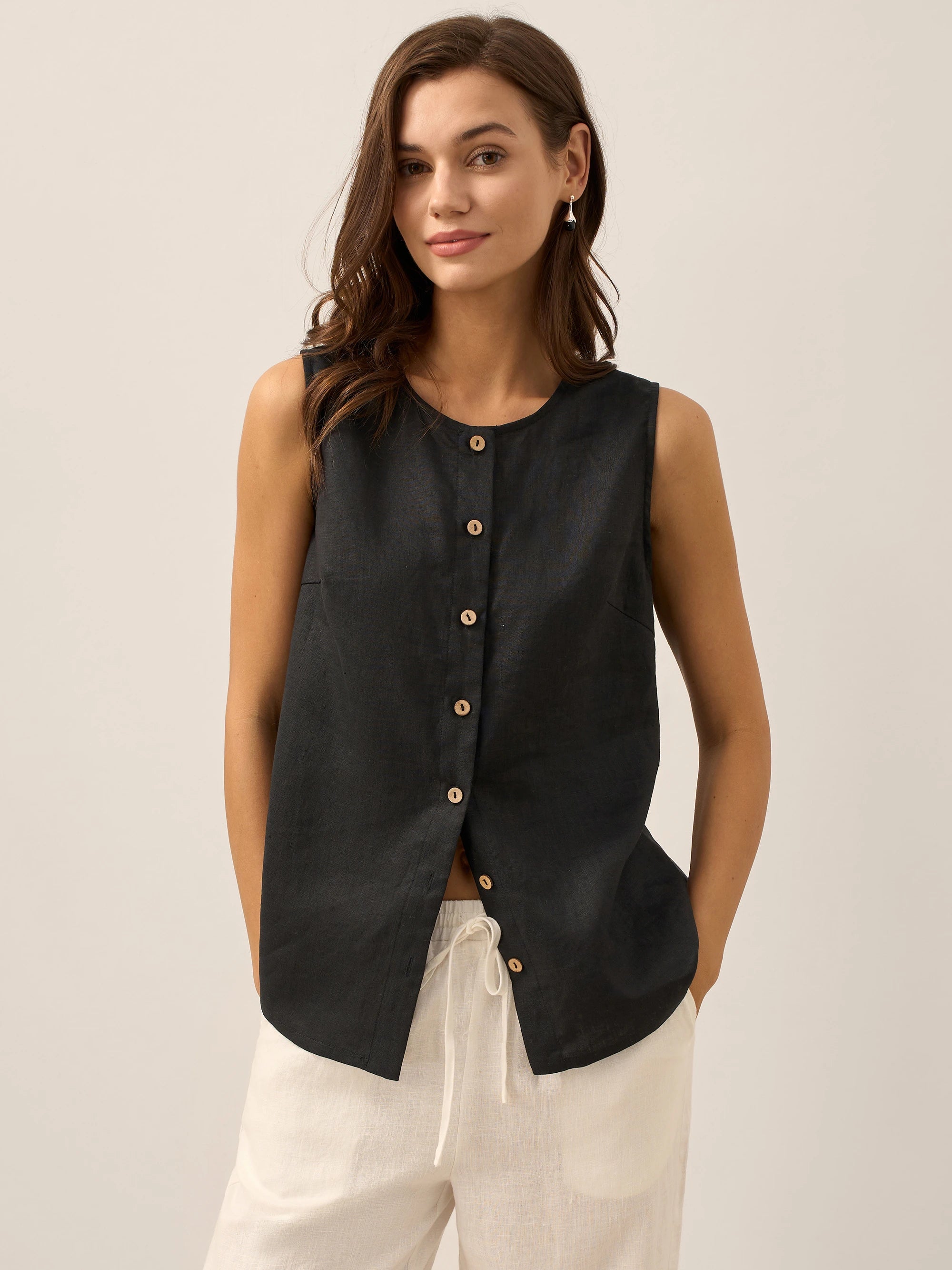100% Linen Buttons Down Tank Top ERIN