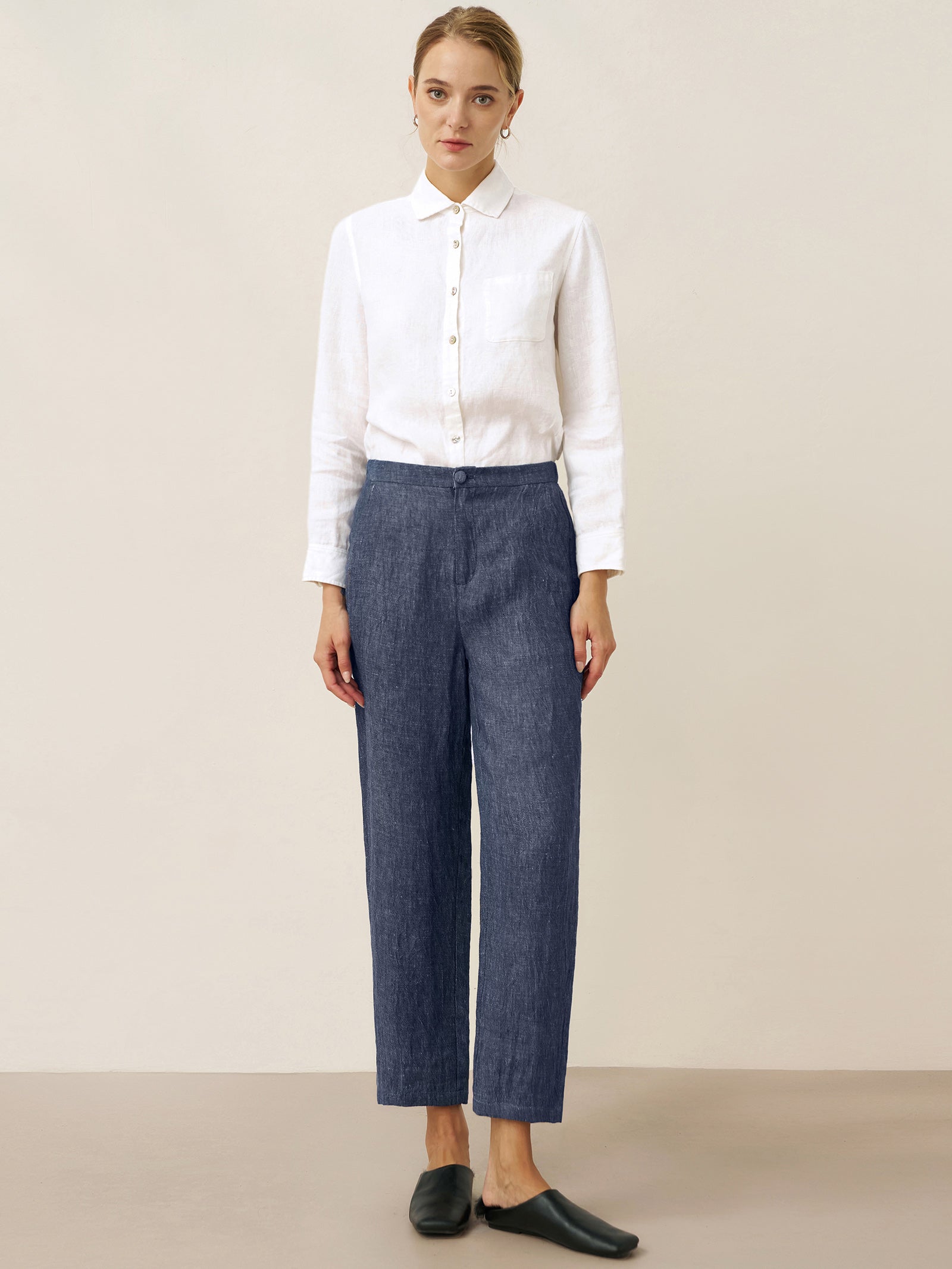 100% Linen Denim Texture Tapered Pants LAYLA