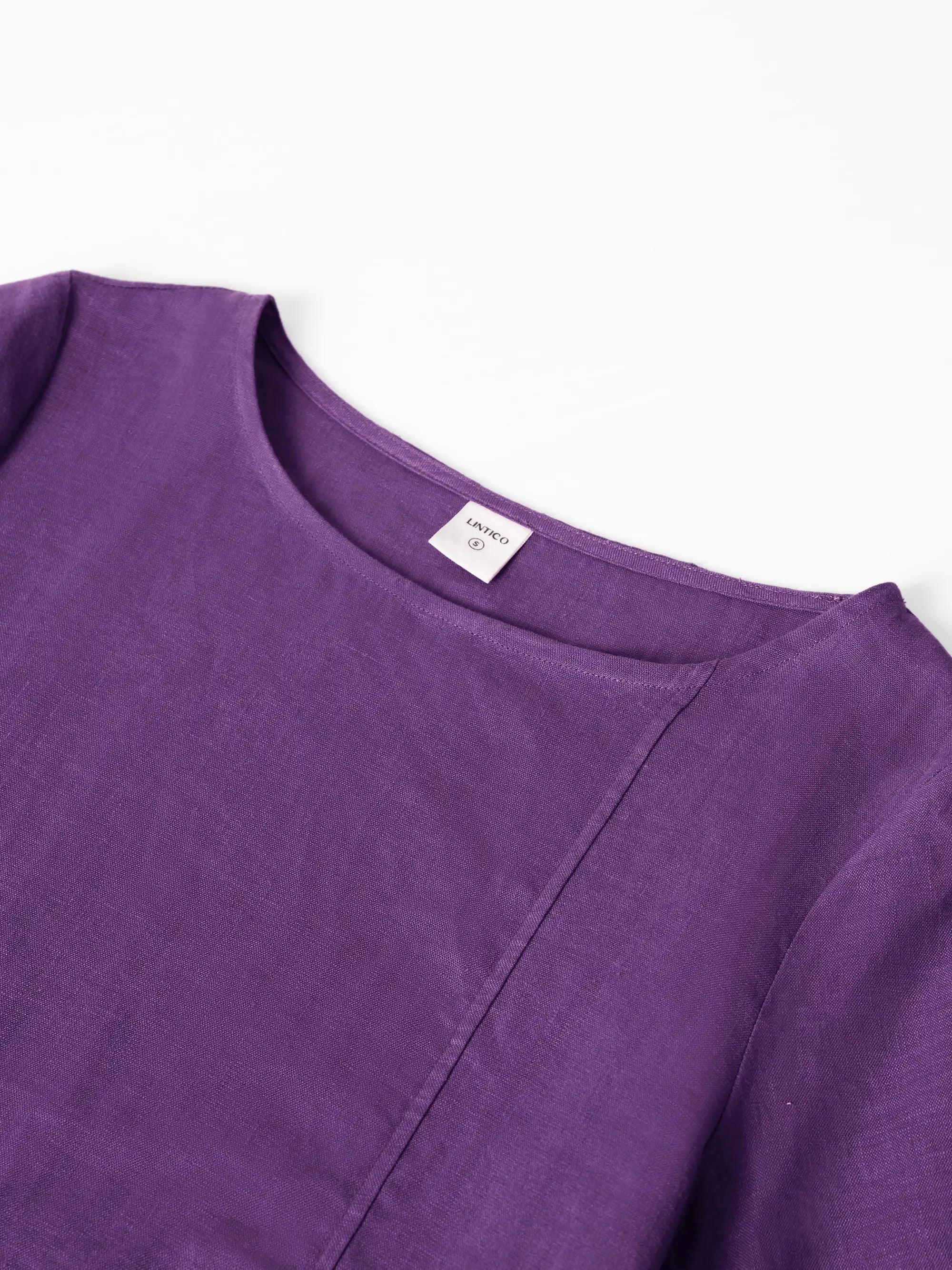 100% Linen Collarless Mid-Length Dress