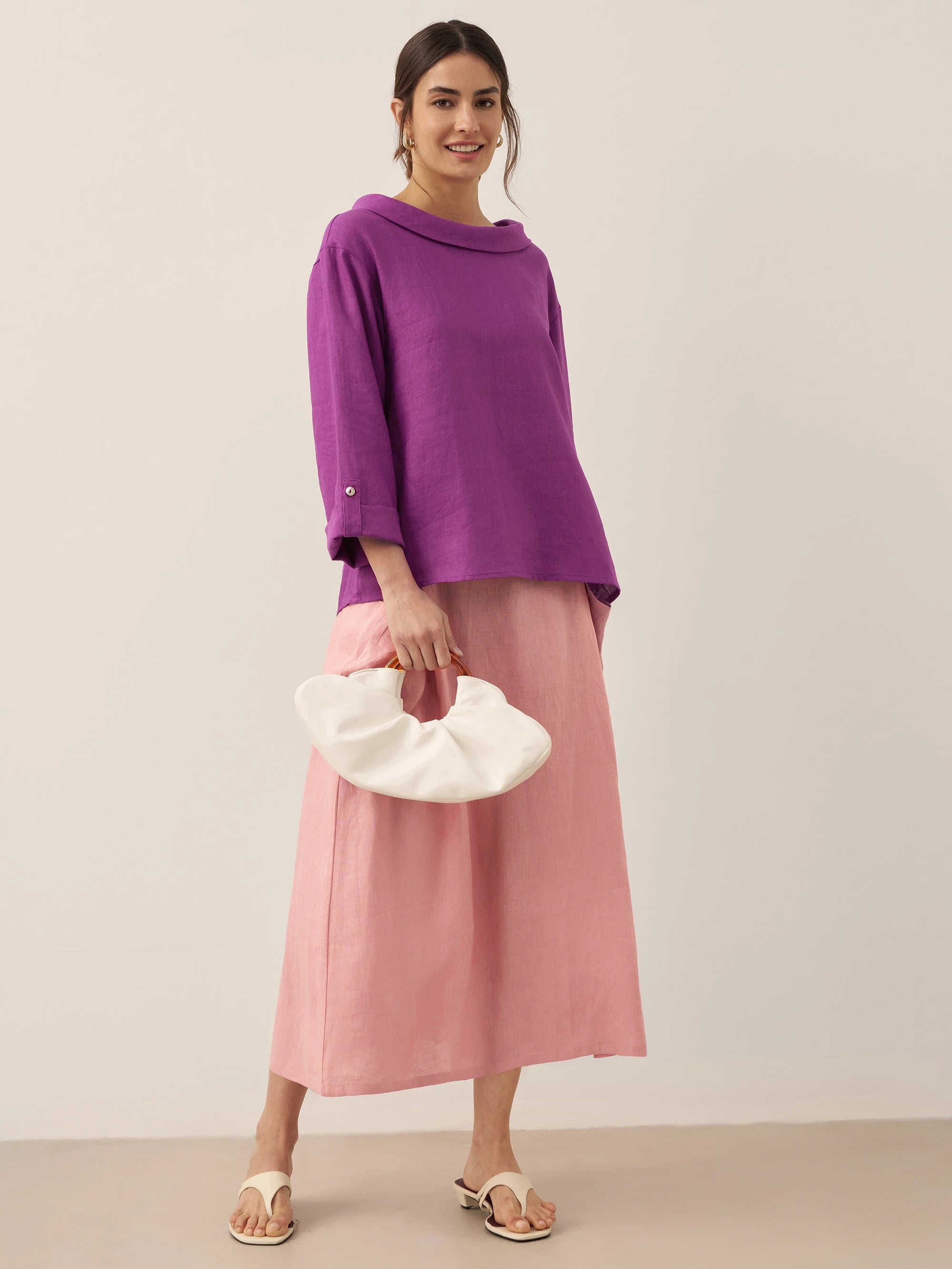 100% Linen Elastic Waist Skirt MARINA