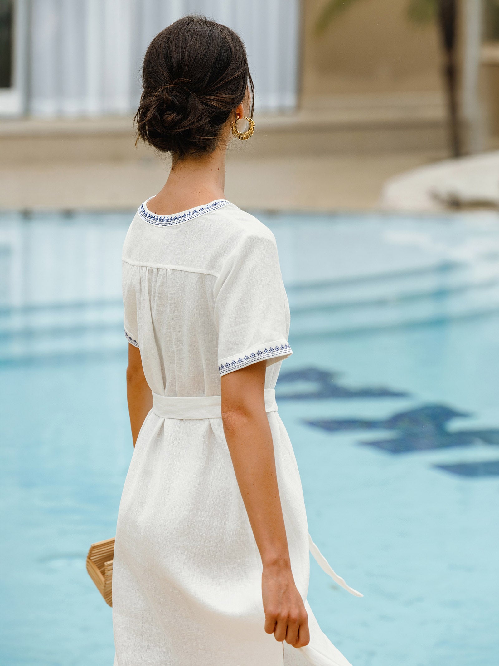 100% Linen Embroidered V-Neck Midi Dress with Belt FELLIS