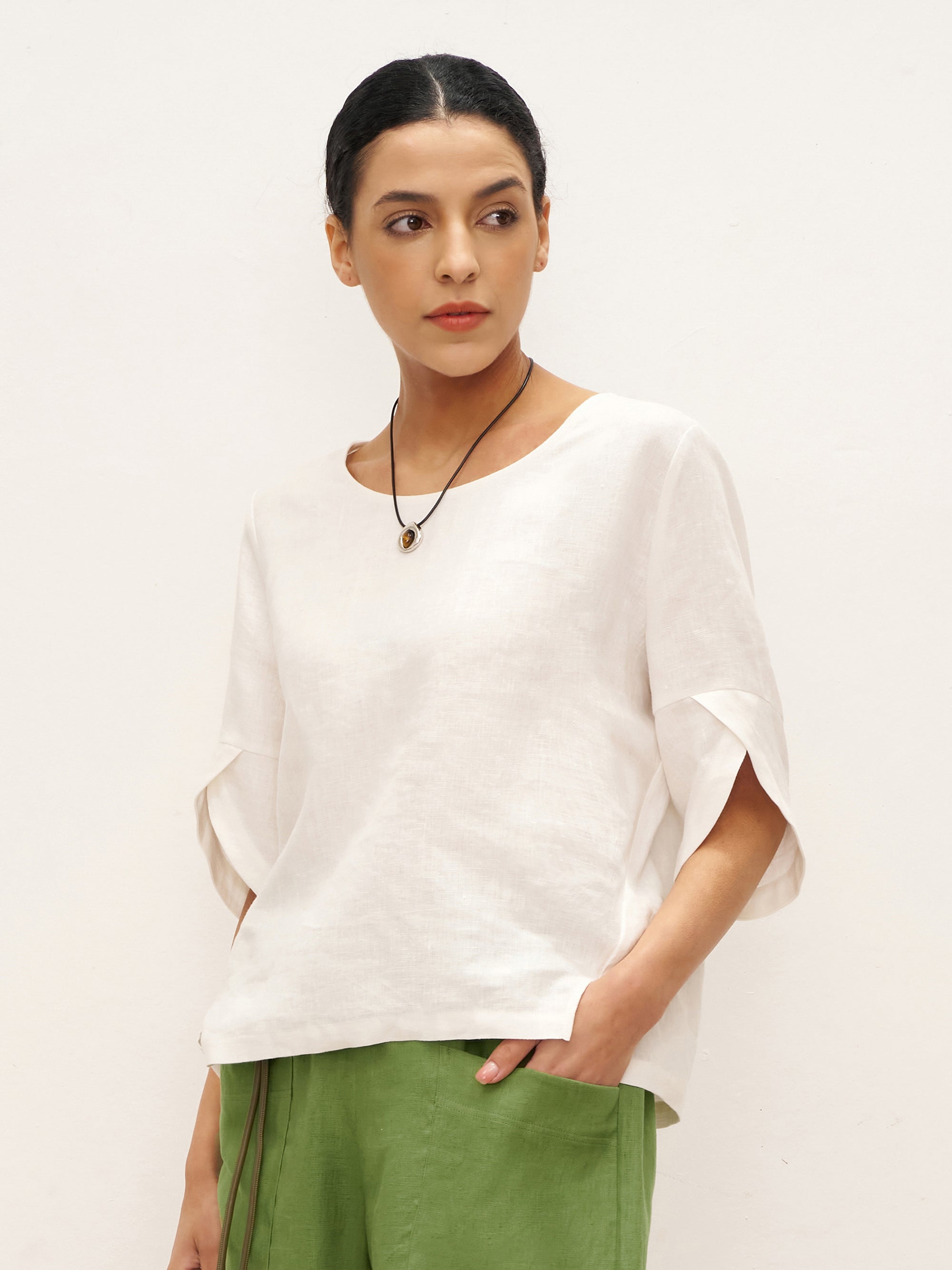 100% Linen Round Neck Petal-Sleeve Pullover LAUREL