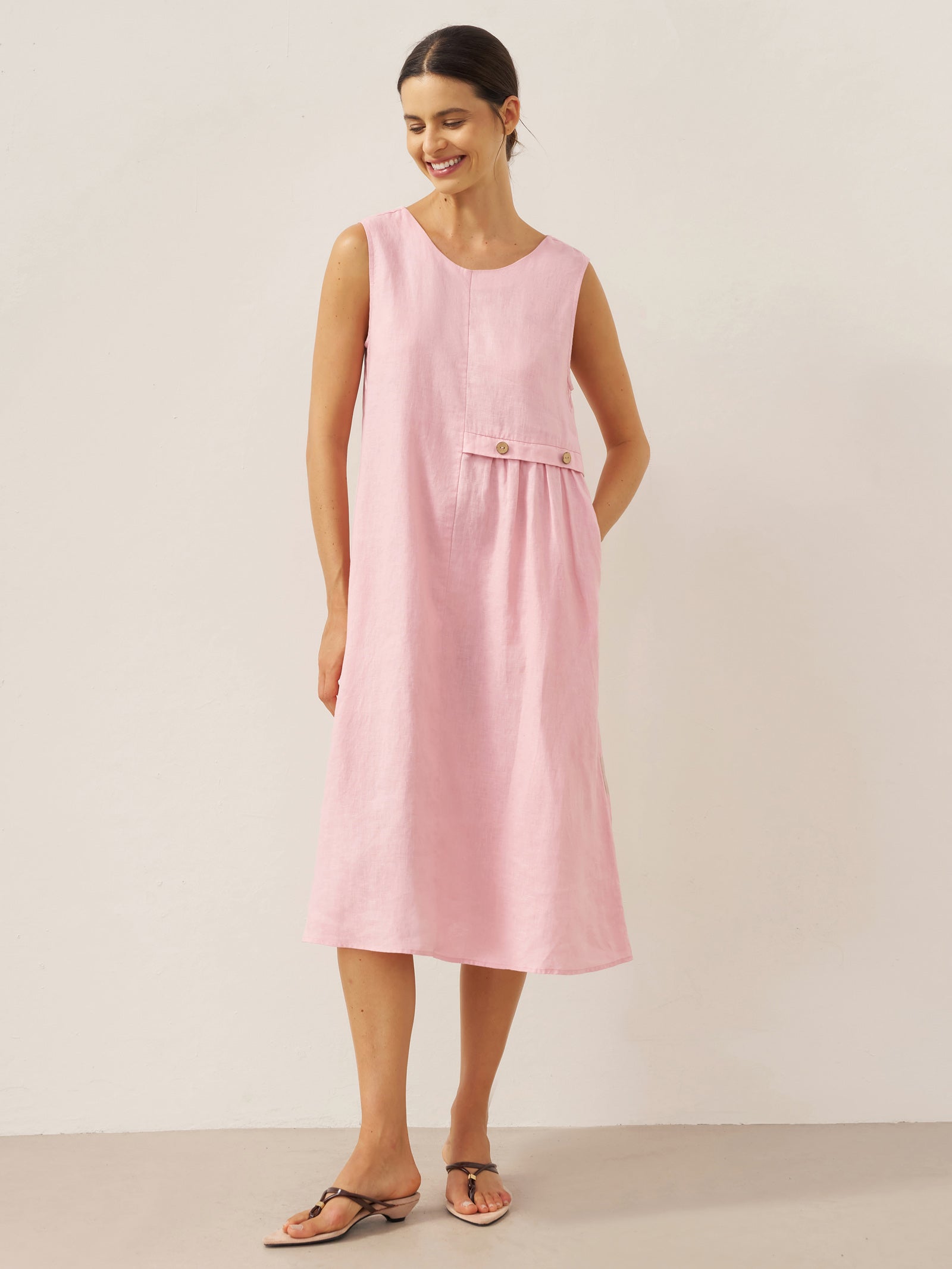 100% Linen Sleeveless Accordion Pleat Midi Dress TINA