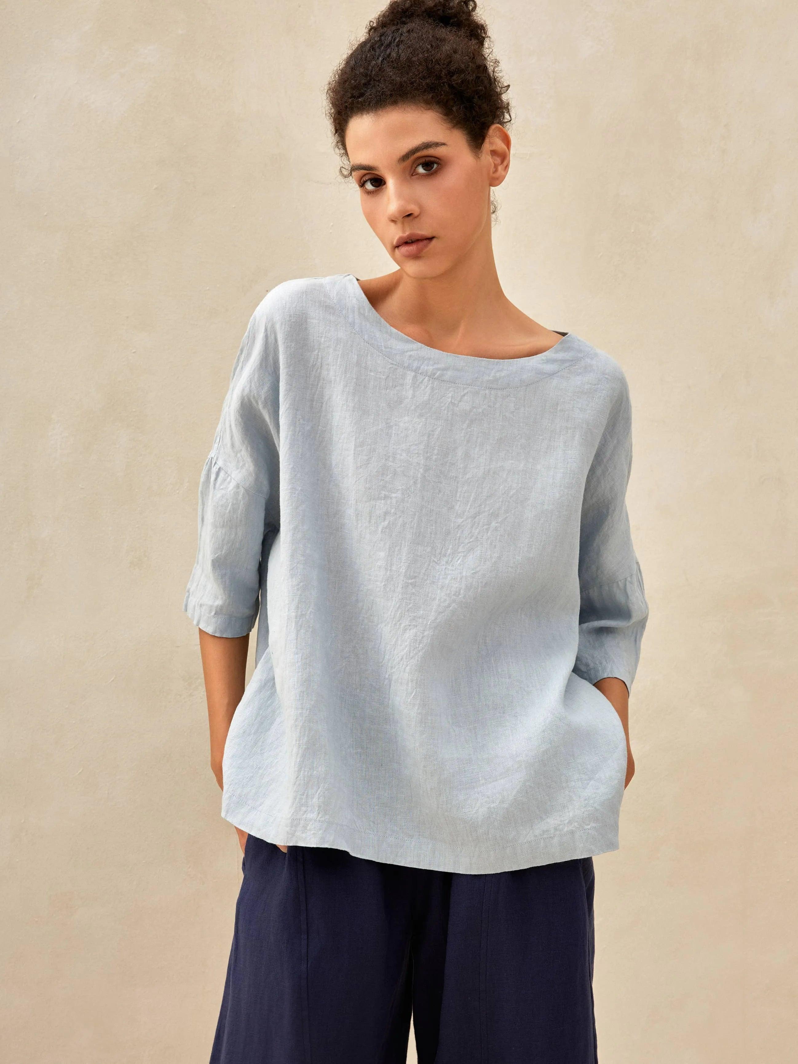 100% Linen Boatneck 3/4 Length Sleeve Top AURORA
