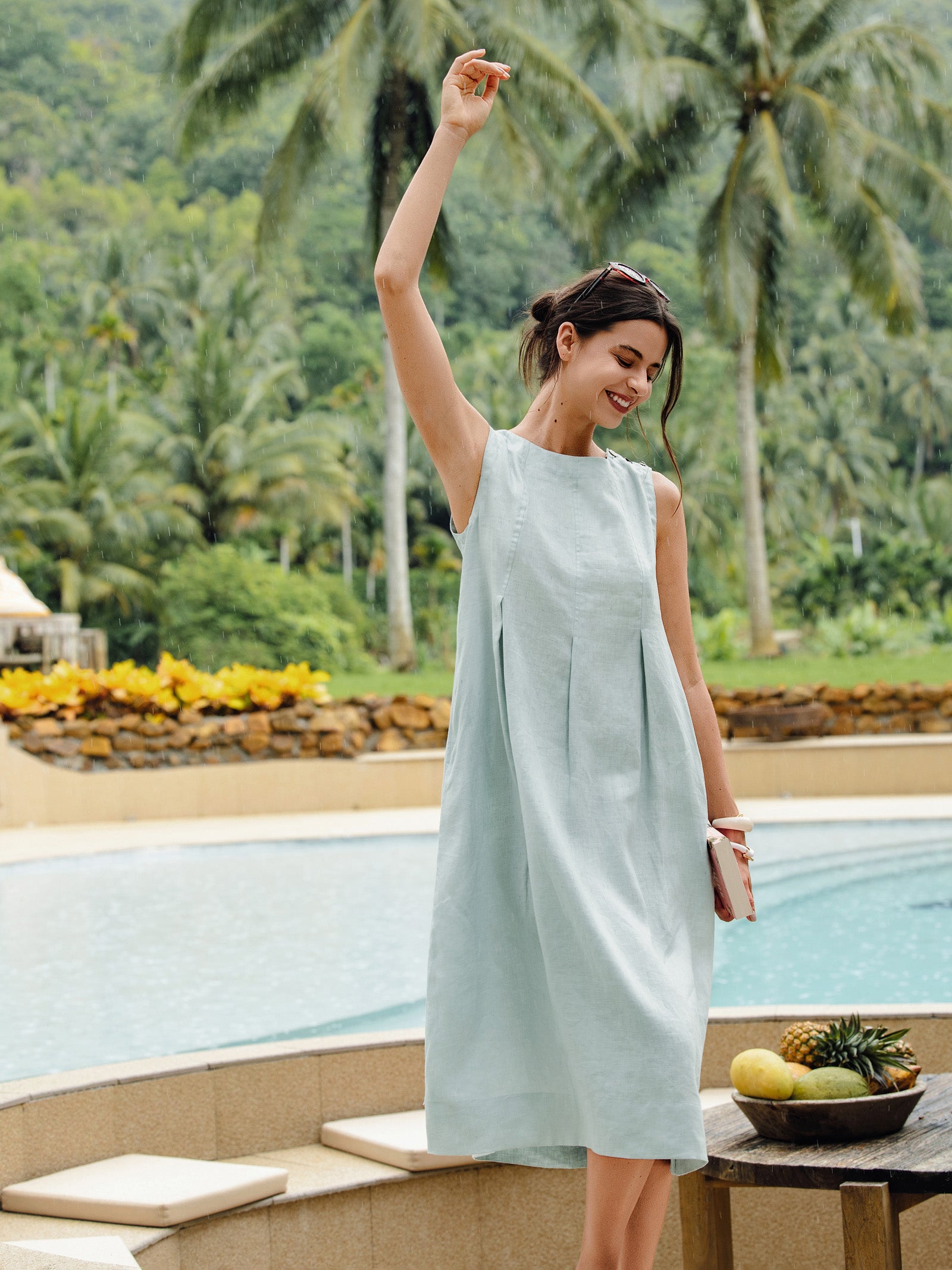 100% Linen Sleeveless Shoulder Button Midi Dress FREYA