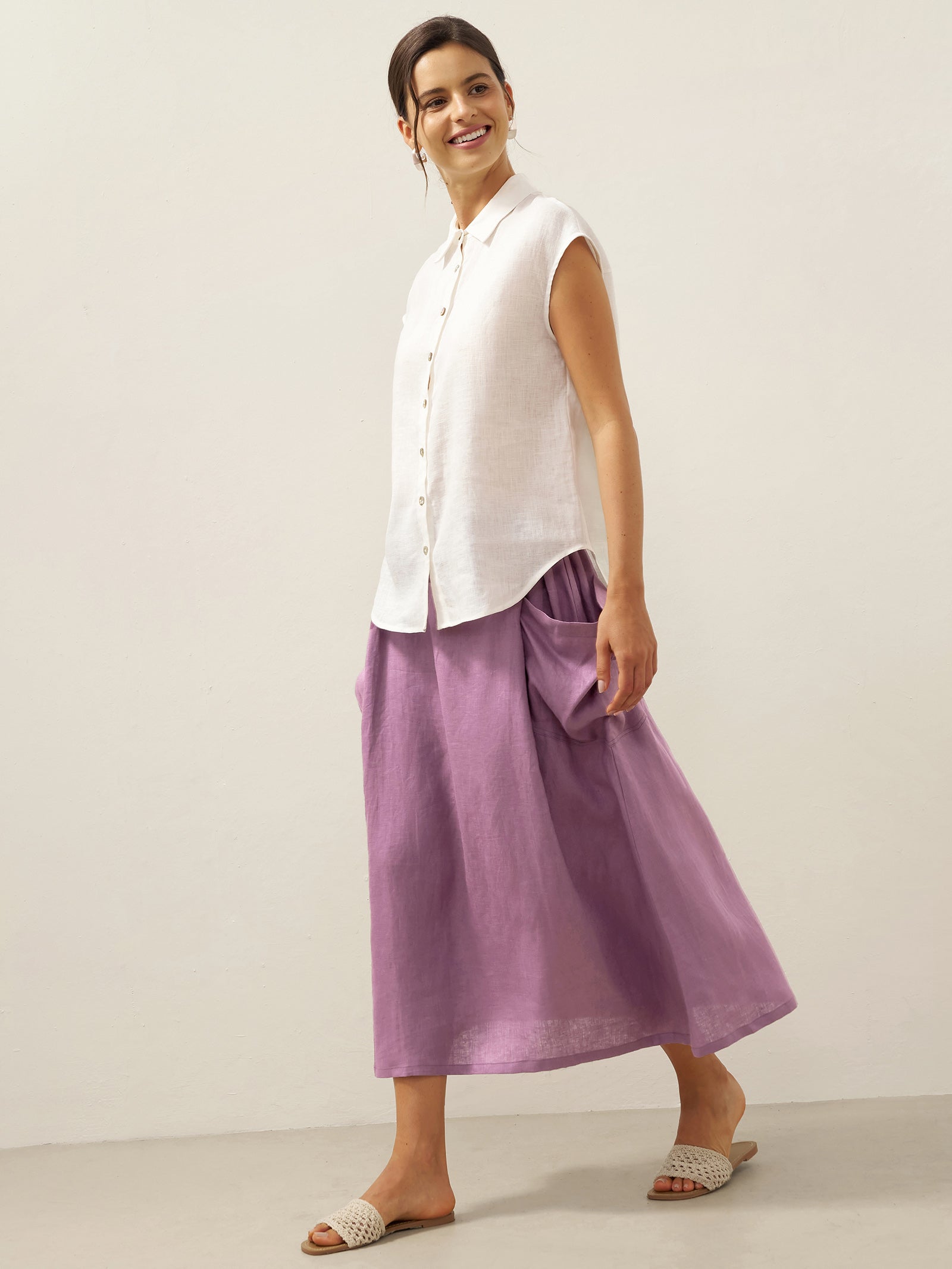 100% Linen Elastic Waist Skirt MARINA