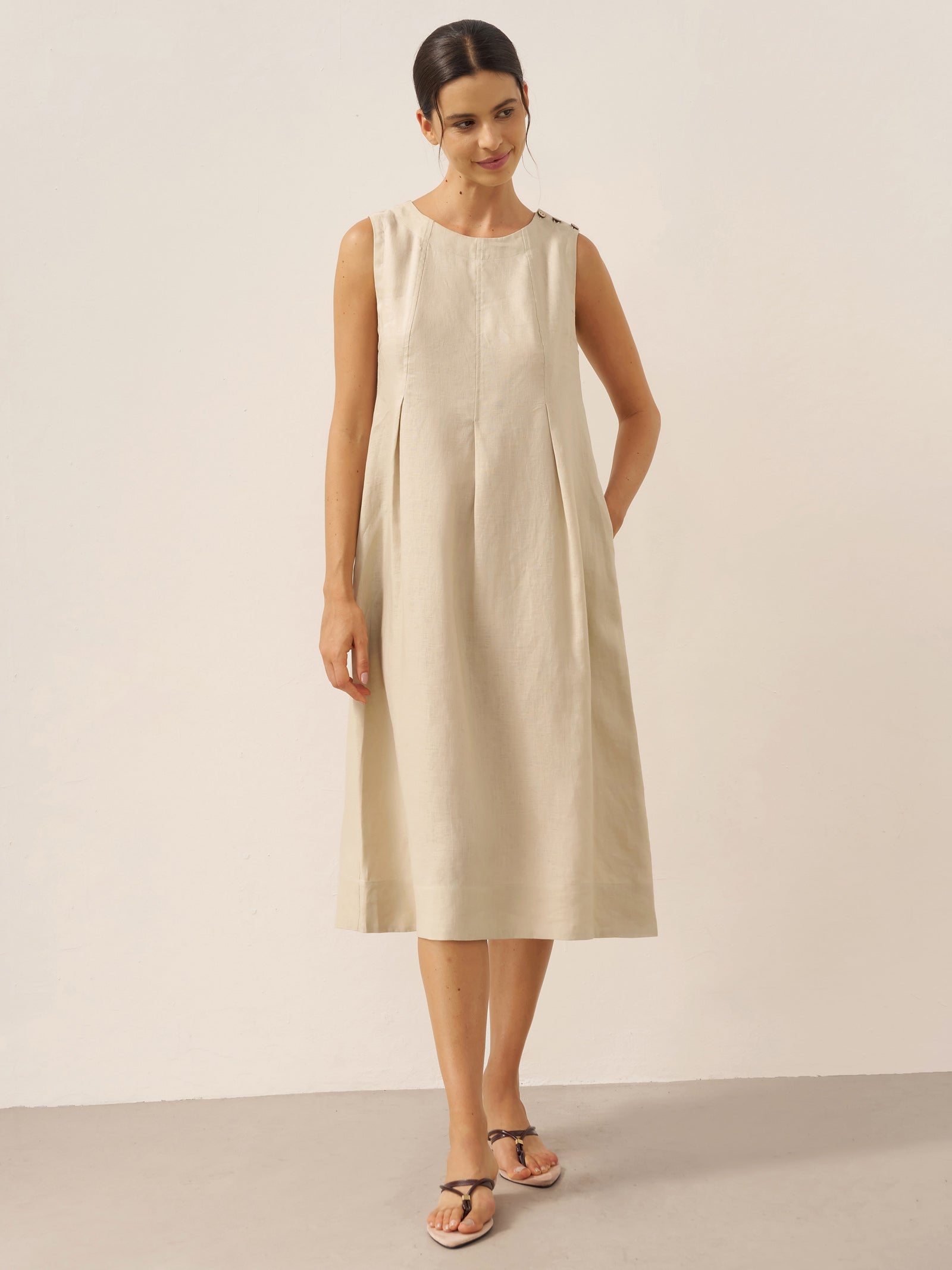 100% Linen Sleeveless Shoulder Button Midi Dress FREYA