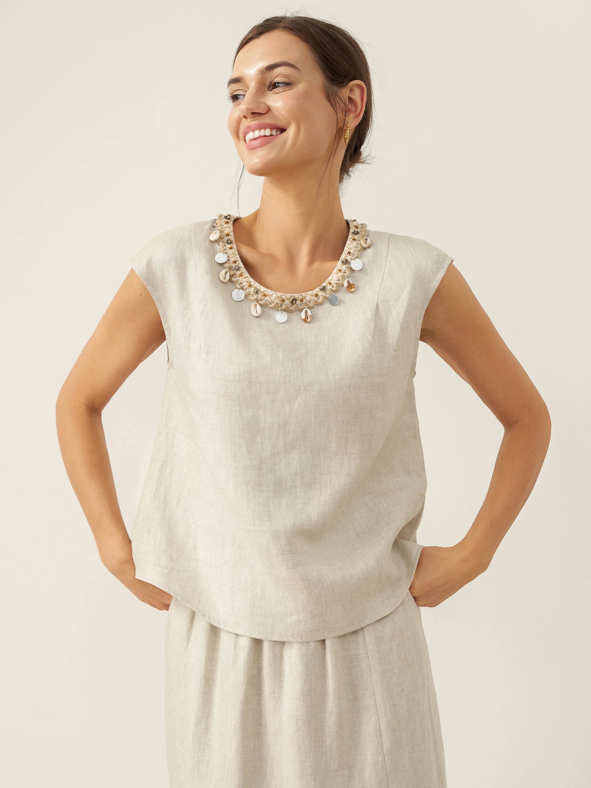 100% Linen Cap Sleeve Beaded Top BIANCA