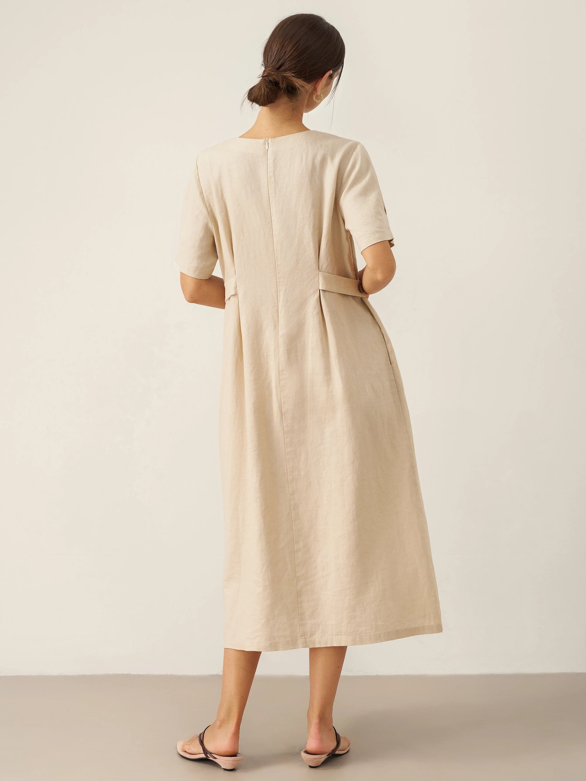 100% Linen Round Neck Button-Tie Maxi Dress XANDRA