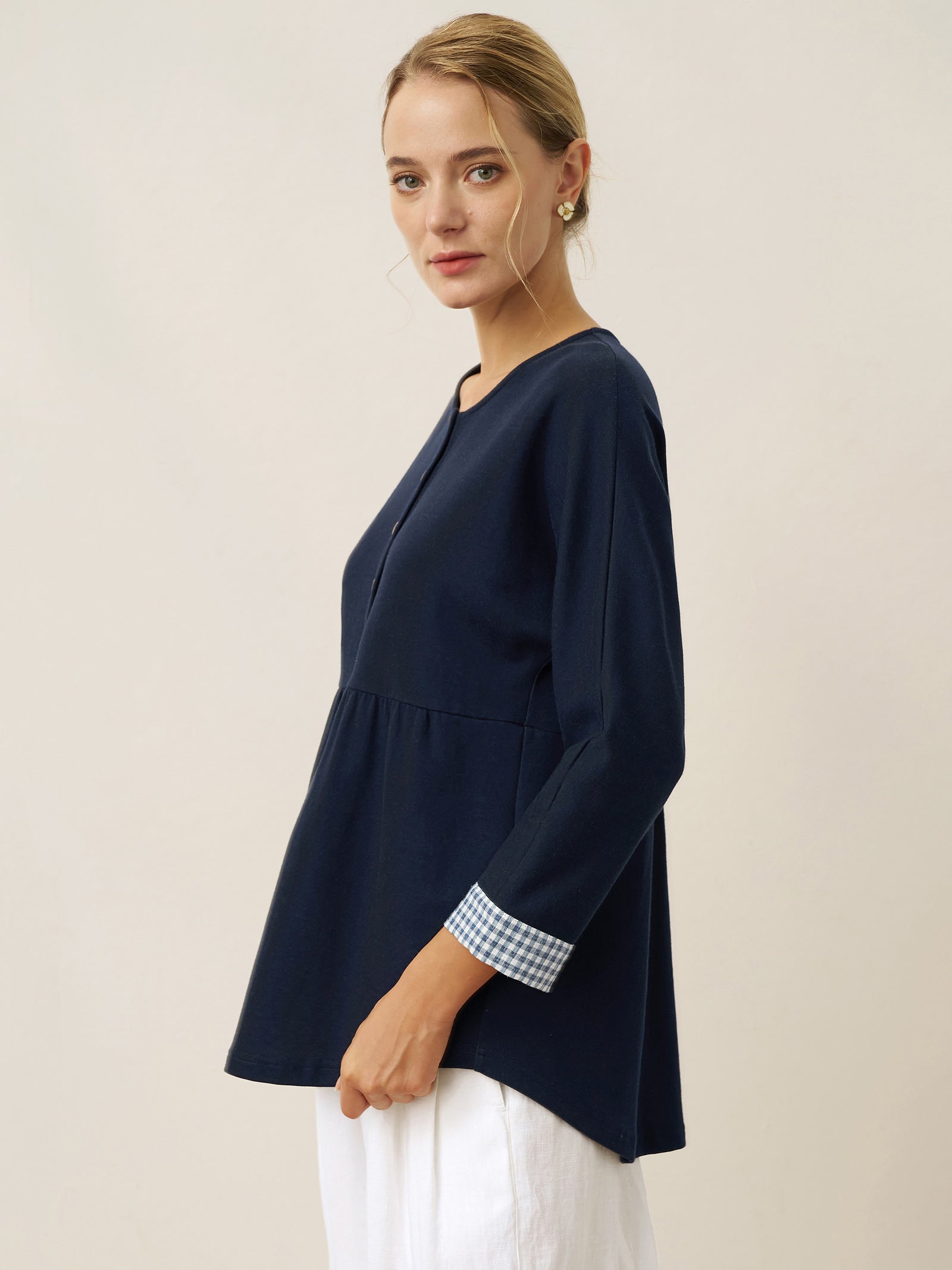 Cotton Patchwork Cuff Button Decor Top