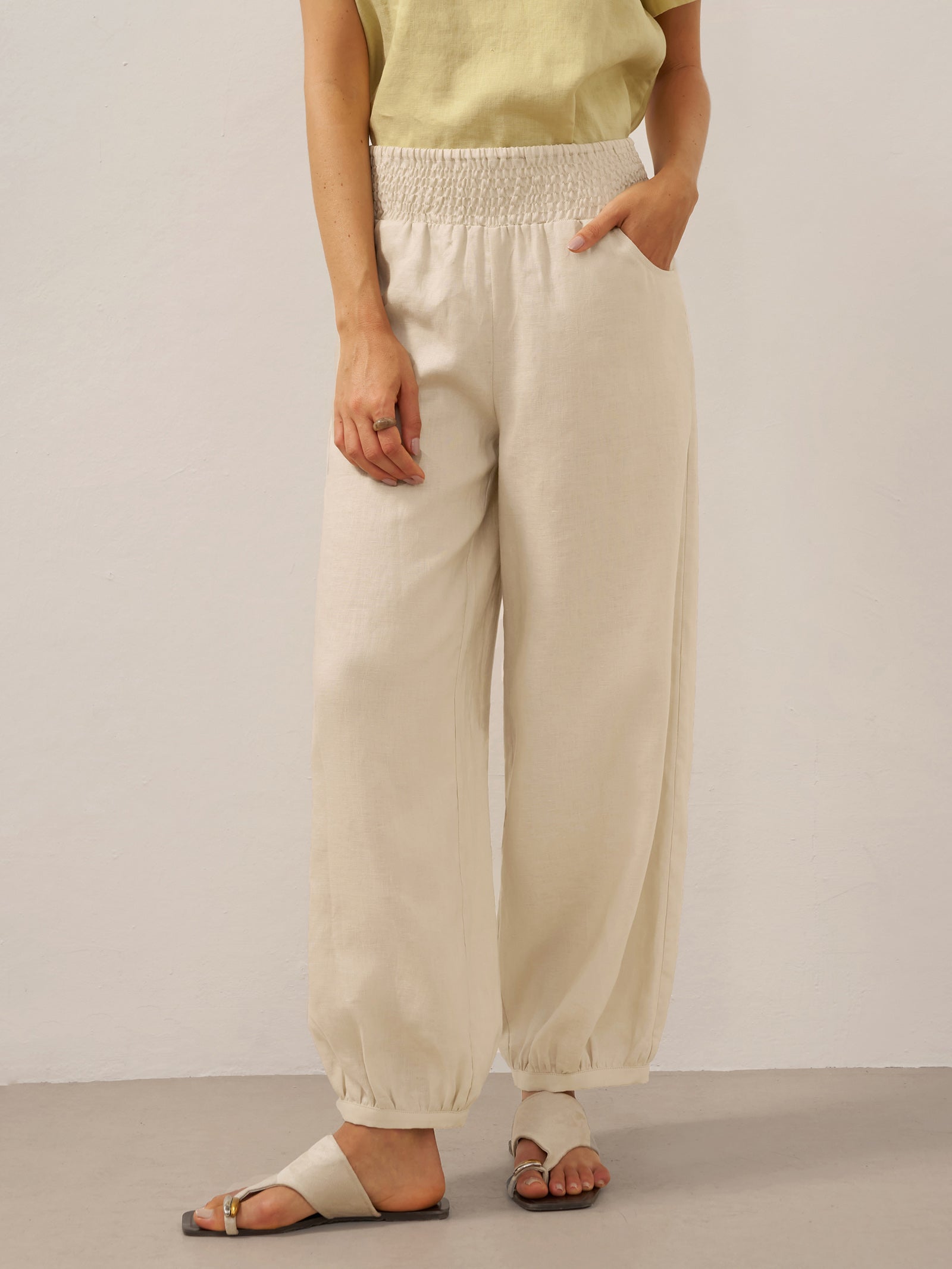 100% Linen Broad Elastic Waistband Pants TALIA